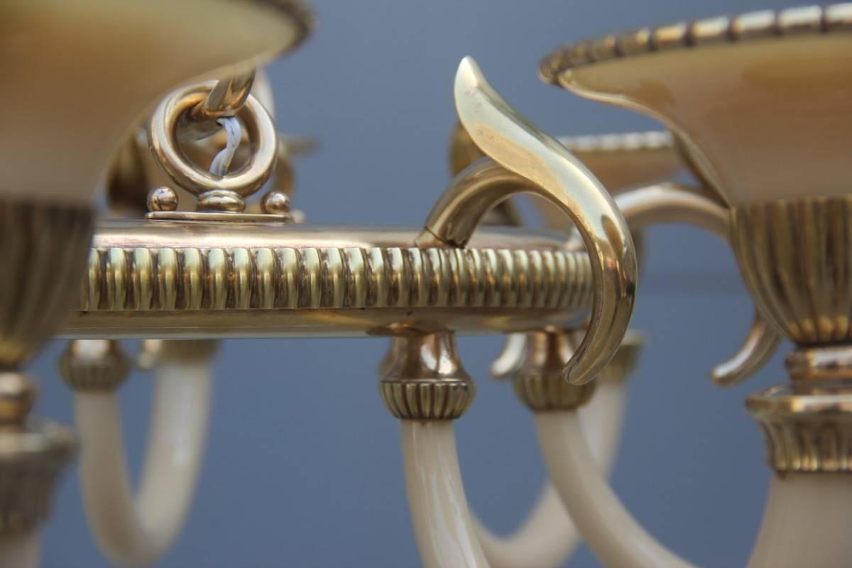 Mid-Century Modern Italian Design Chandelier Brass Opaline Glass 1950s  For Sale 6