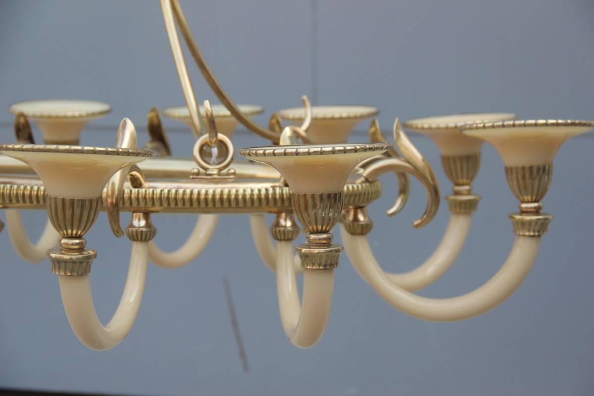 Mid-Century Modern Italian Design Chandelier Brass Opaline Glass 1950s  For Sale 9