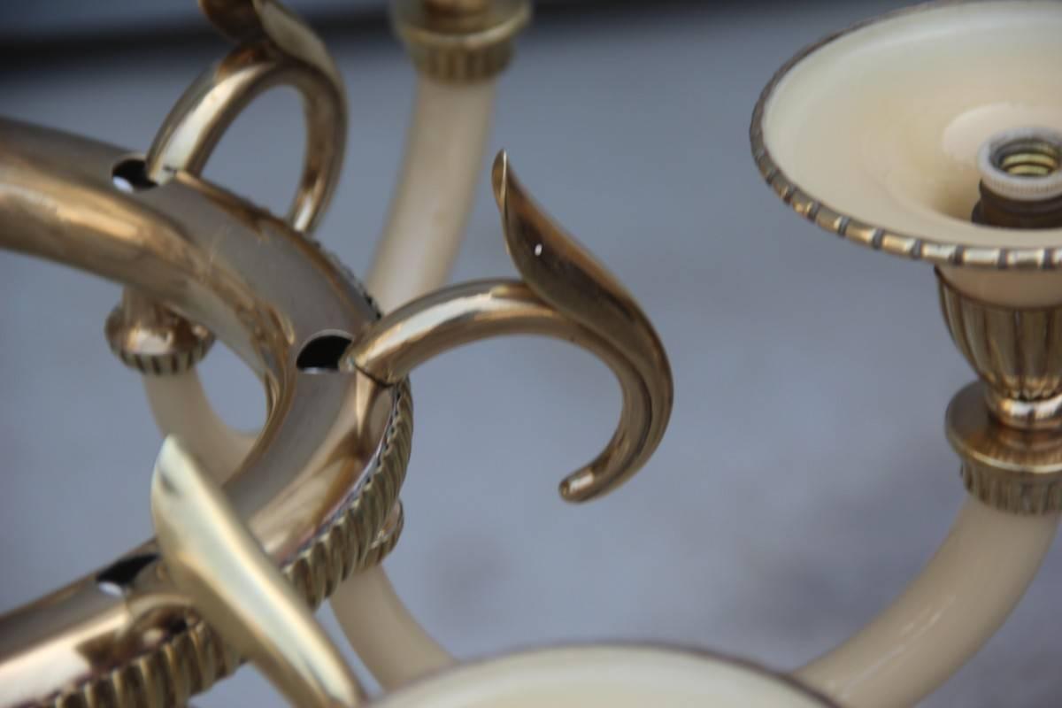Mid-20th Century Mid-Century Modern Italian Design Chandelier Brass Opaline Glass 1950s For Sale