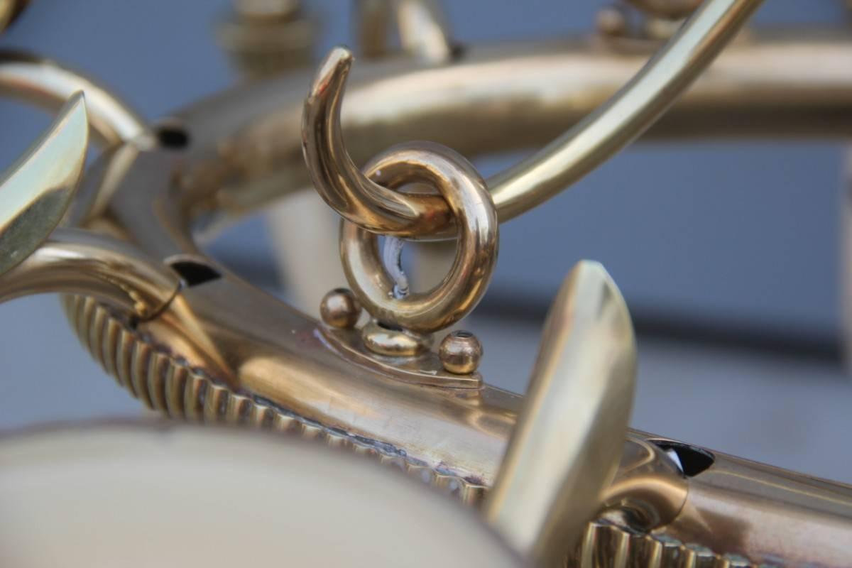Mid-Century Modern Italian Design Chandelier Brass Opaline Glass 1950s  For Sale 2