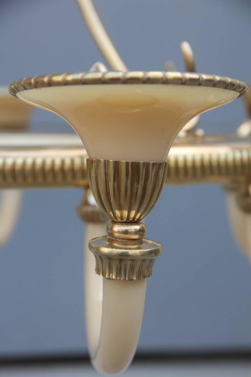 Mid-Century Modern Italian Design Chandelier Brass Opaline Glass 1950s  For Sale 5