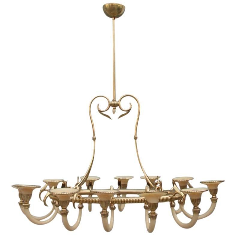 Mid-Century Modern Italian Design Chandelier Brass Opaline Glass 1950s For Sale