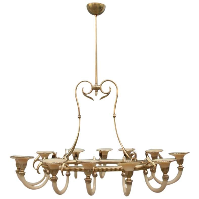 Mid-Century Modern Italian Design Chandelier Brass Opaline Glass 1950s  For Sale