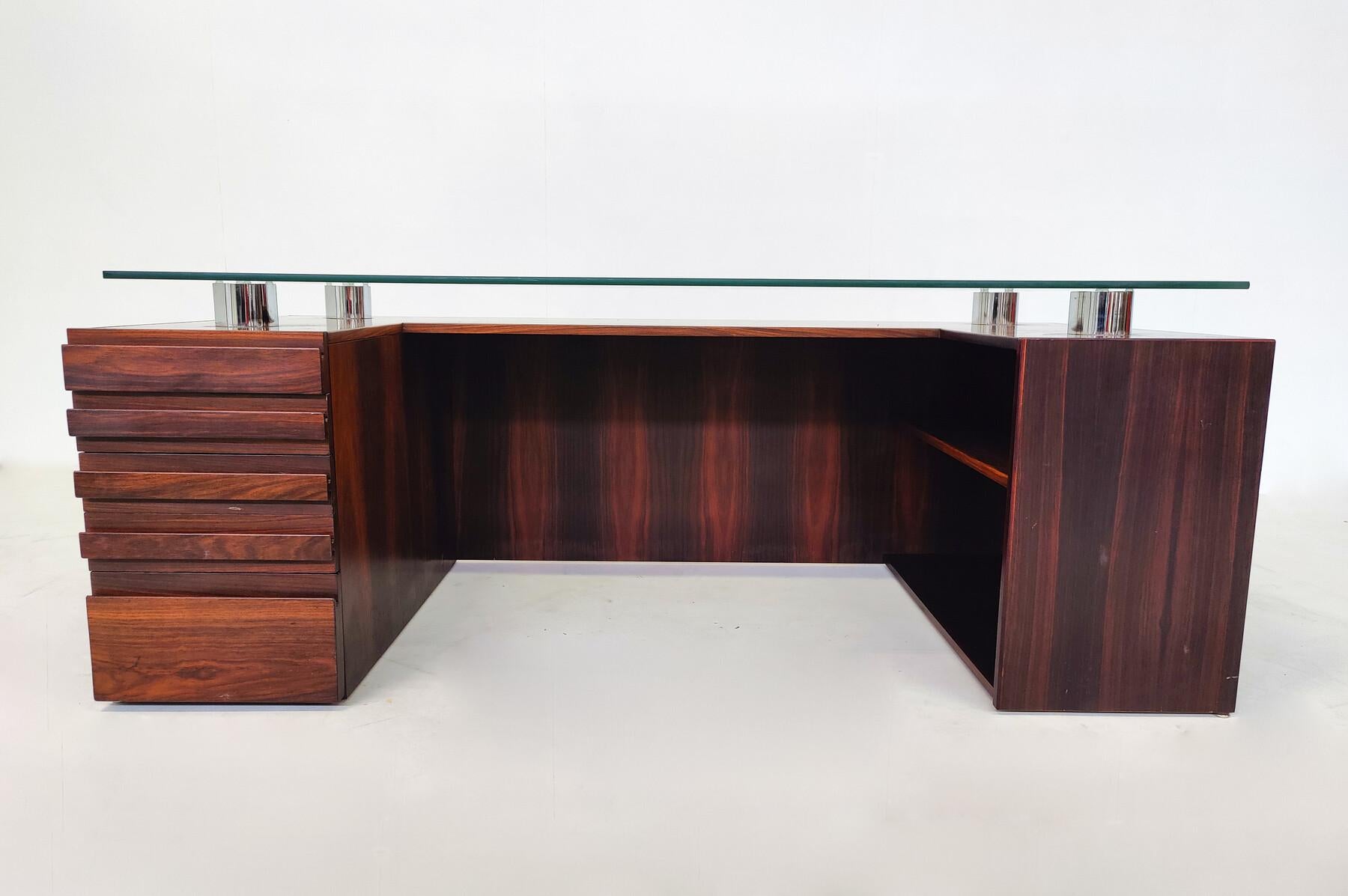 Glass Mid-Century Modern Italian Desk with Drawers, Boccato Gigante Zambusi, Italy For Sale