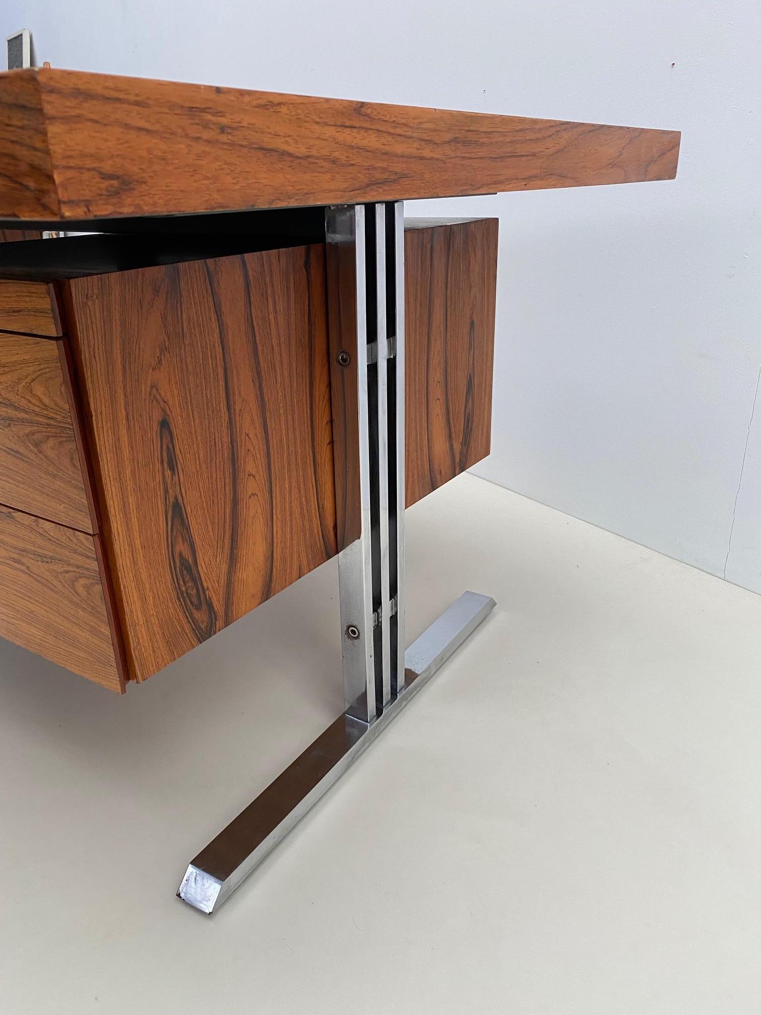 Mid-Century Modern Italian Desk with Drawers , Wood and Chrome, 1970s 2