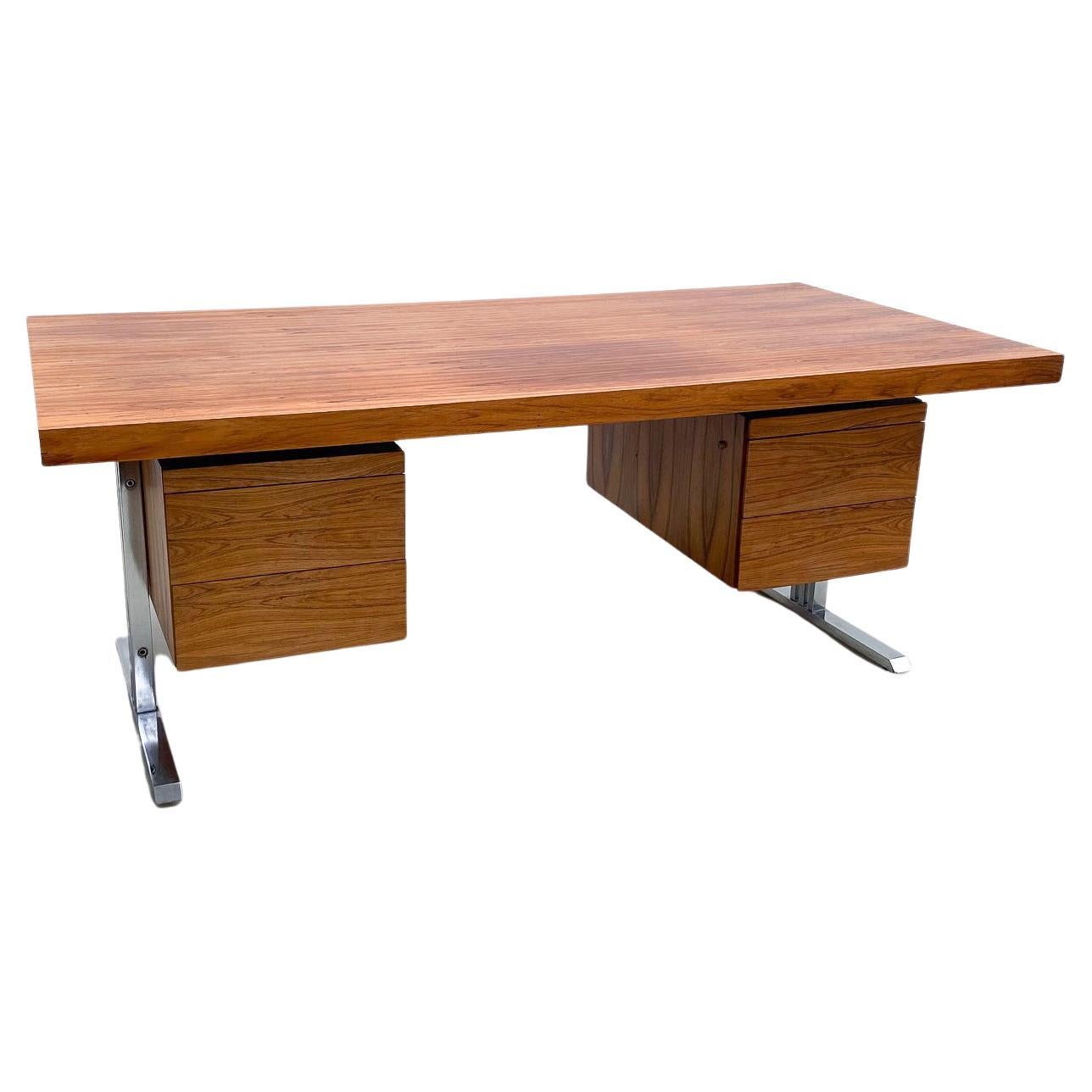 Mid-Century Modern Italian Desk with Drawers , Wood and Chrome, 1970s