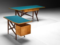 Mid-Century Modern Italian Desk with Return in Wood with Turquoise Top