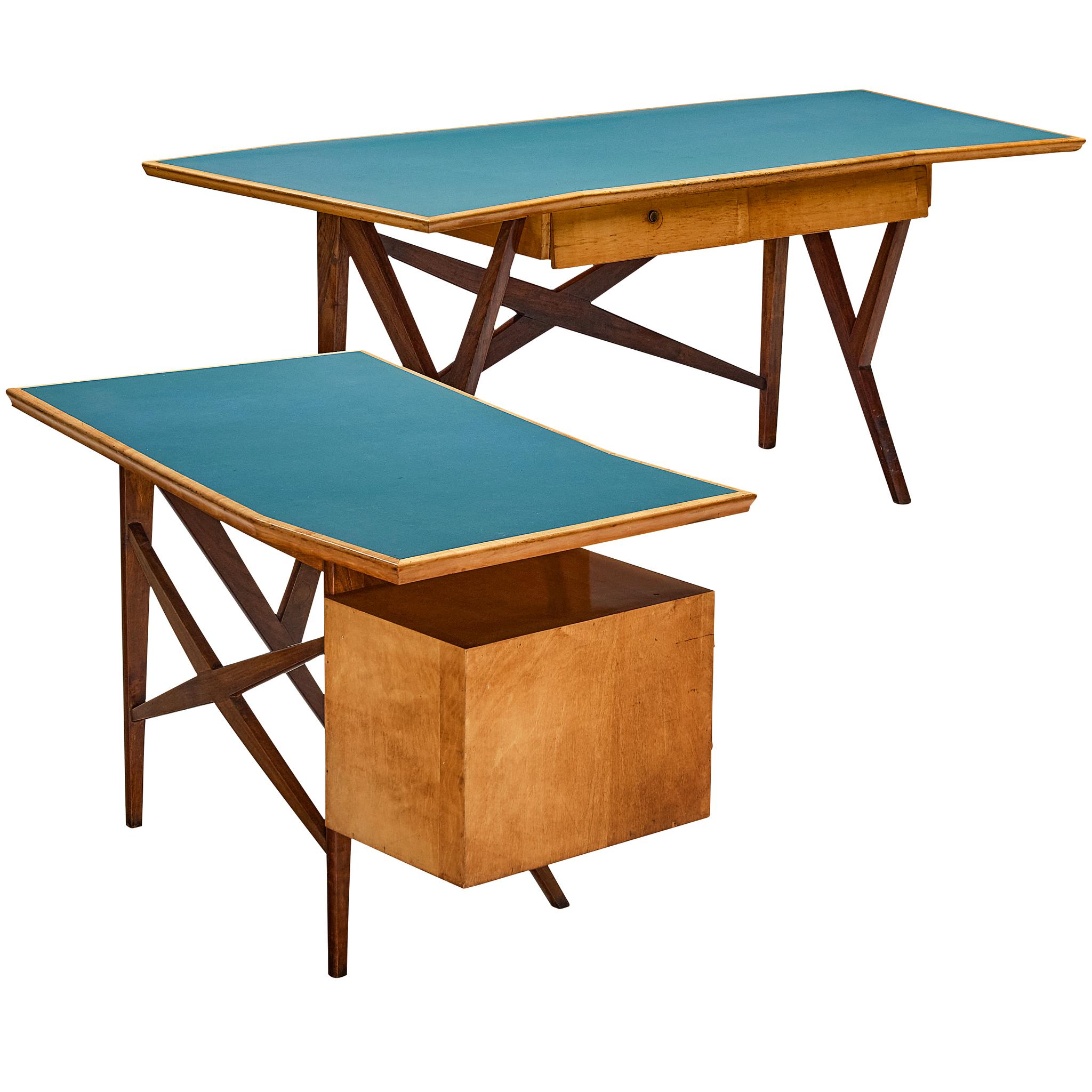 Mid-Century Modern Italian Desk with Return in Wood with Turquoise Top