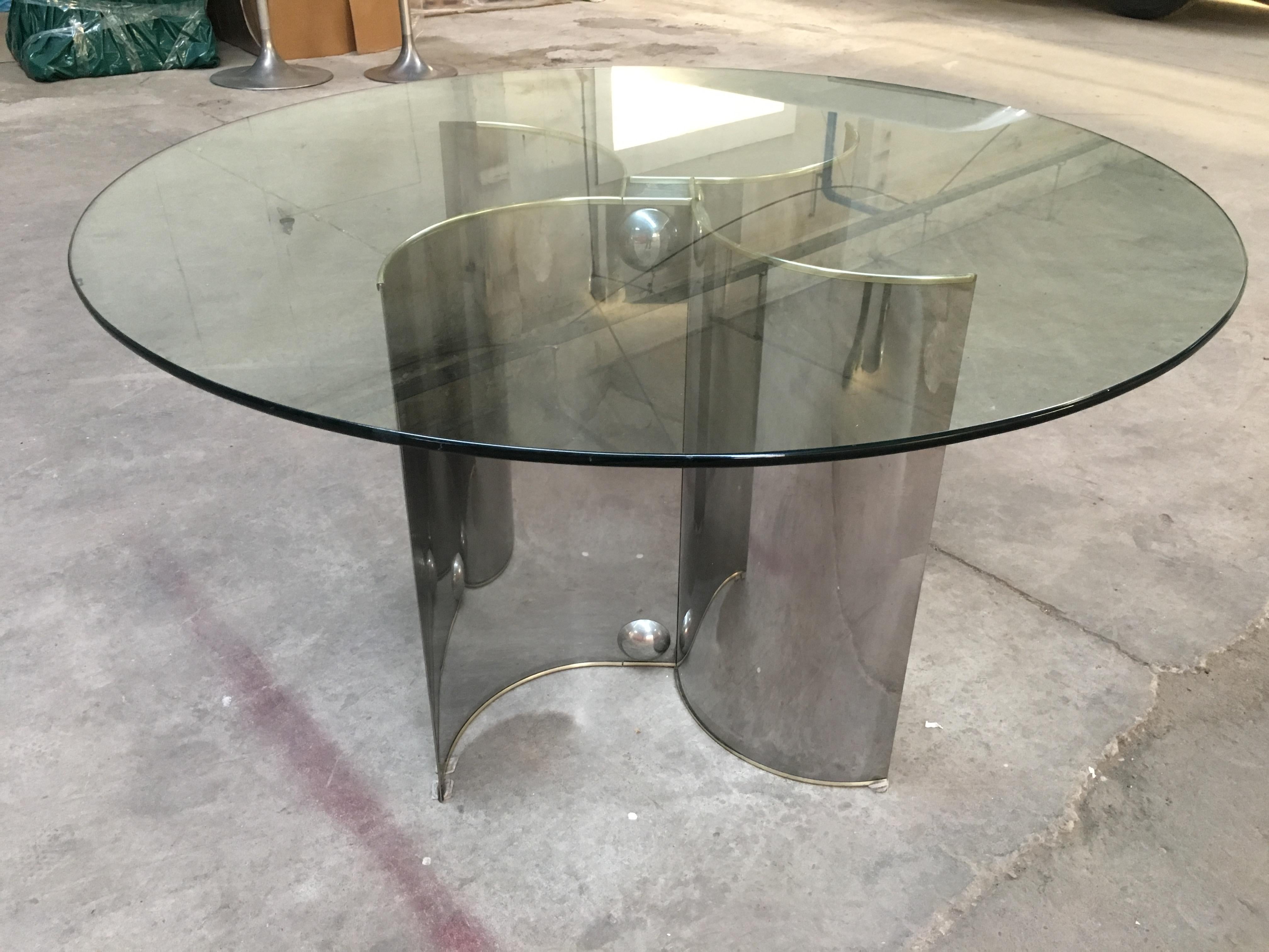 Mid-Century Modern Italian Dining or Center Chrome Based Table with Glass Top In Good Condition In Prato, IT