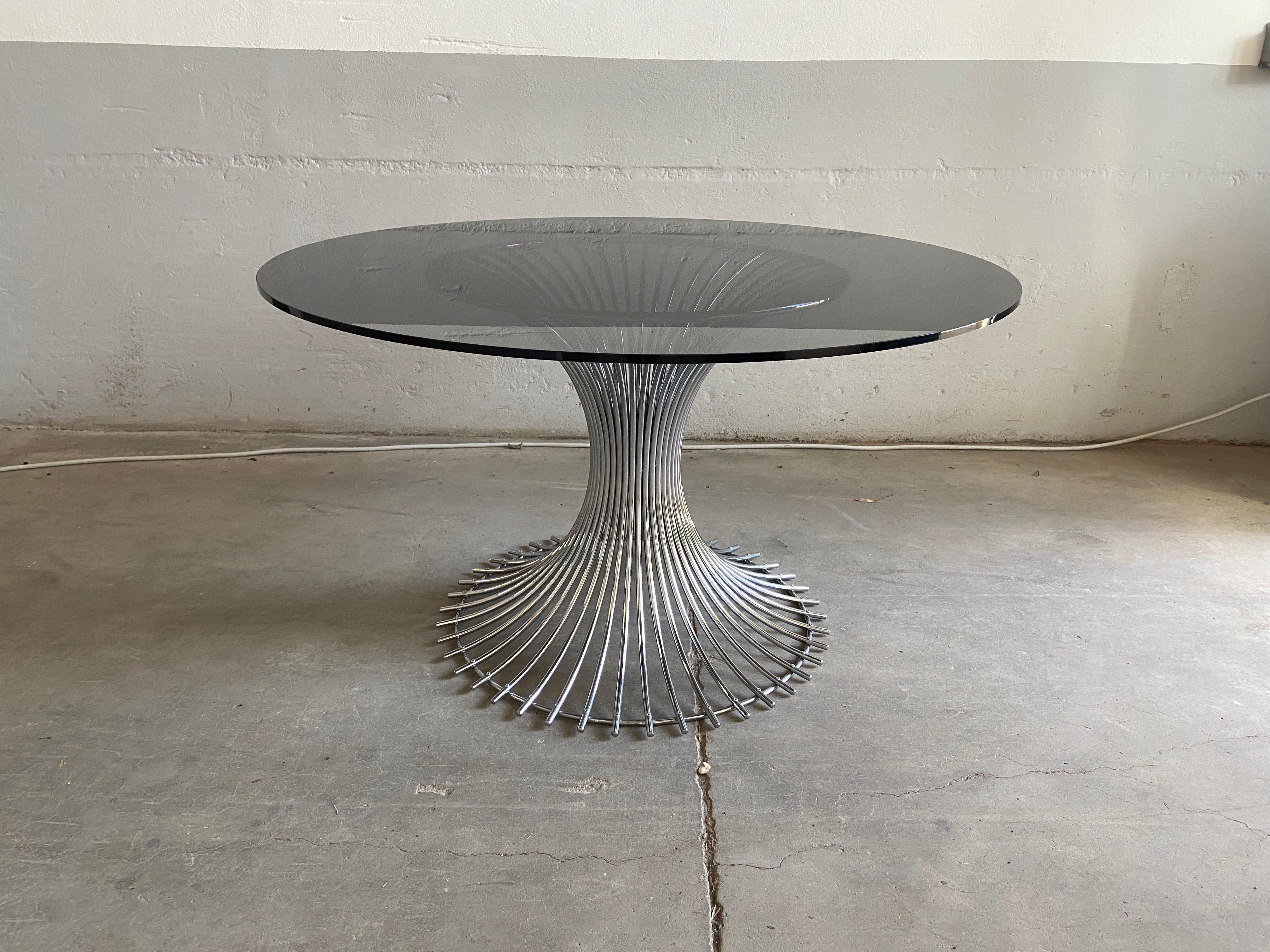 Mid-Century Modern Italian dining or center chrome table in the style of Platner with smoked glass top, 1970s.