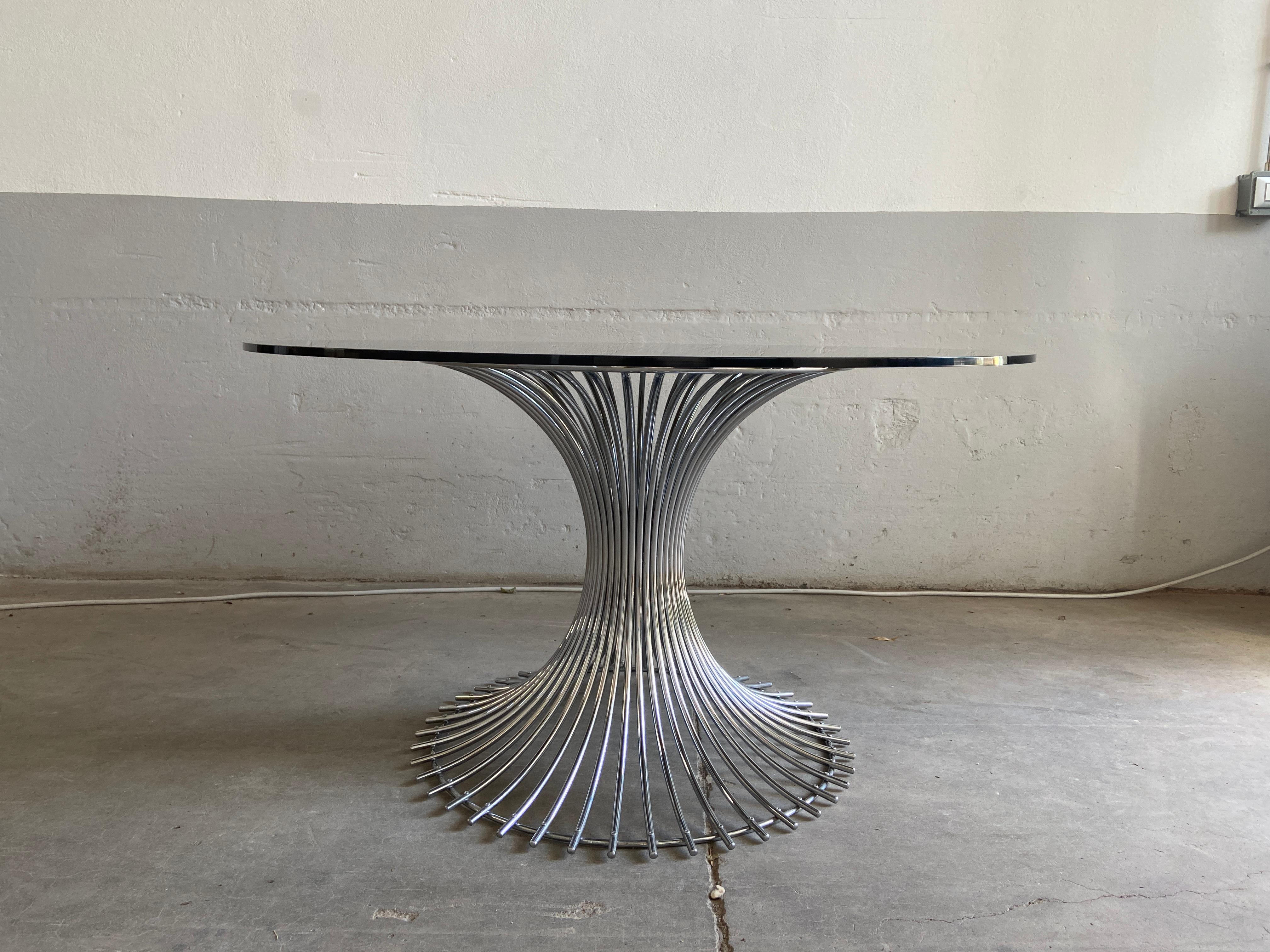 Mid-Century Modern Italian Dining or Center Chrome Table with Smoked Glass Top In Good Condition In Prato, IT