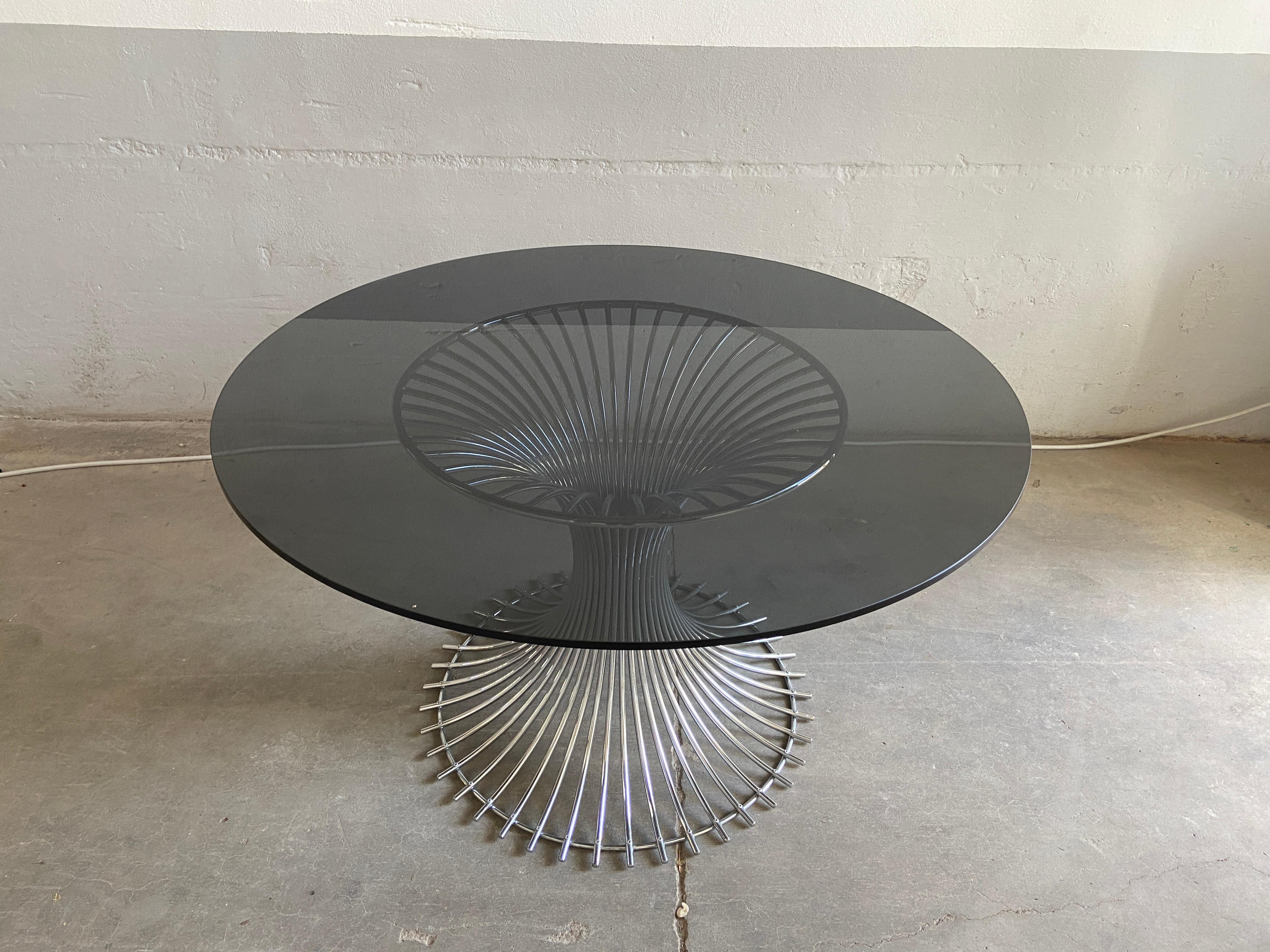 Mid-Century Modern Italian Dining or Center Chrome Table with Smoked Glass Top 1