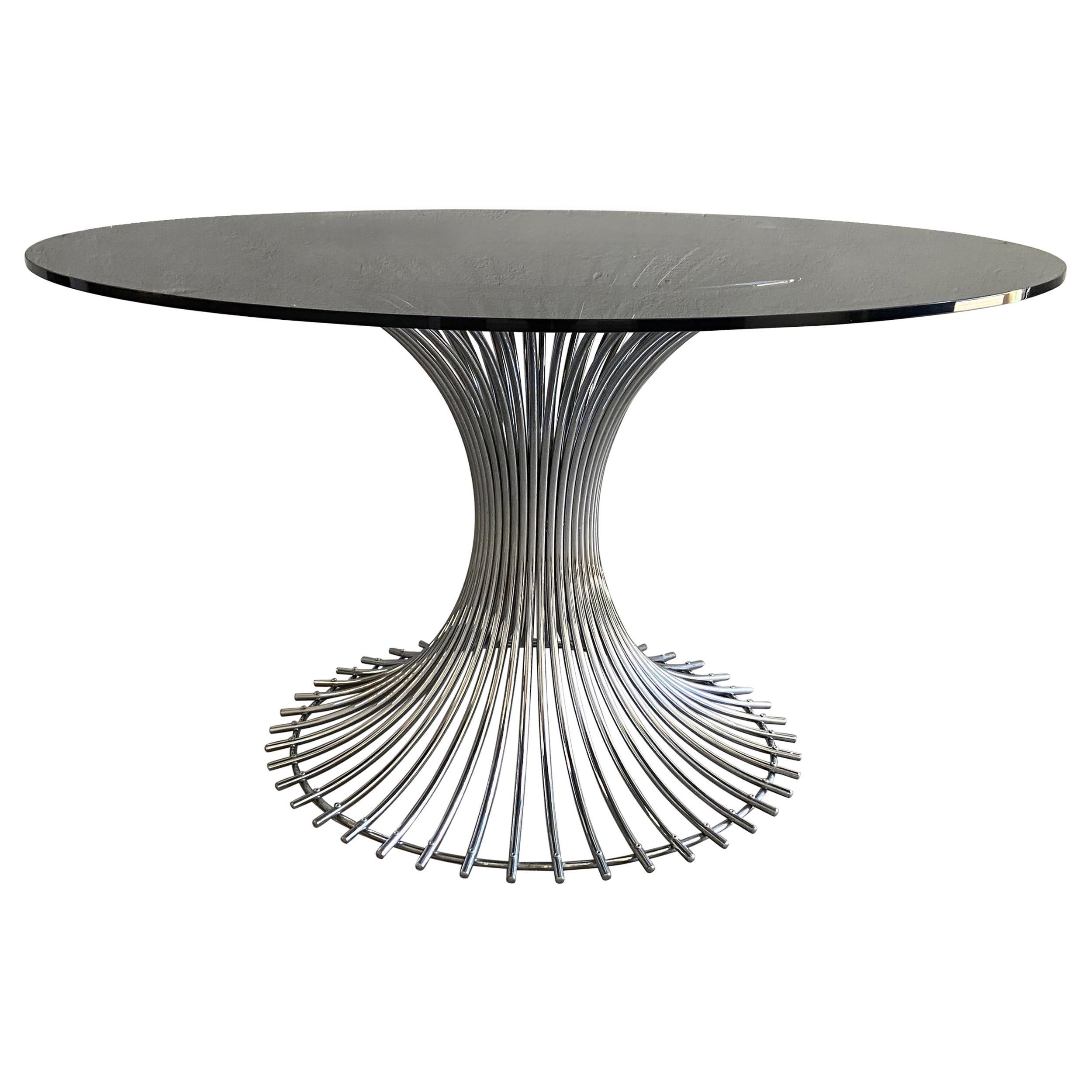 Mid-Century Modern Italian Dining or Center Chrome Table with Smoked Glass Top
