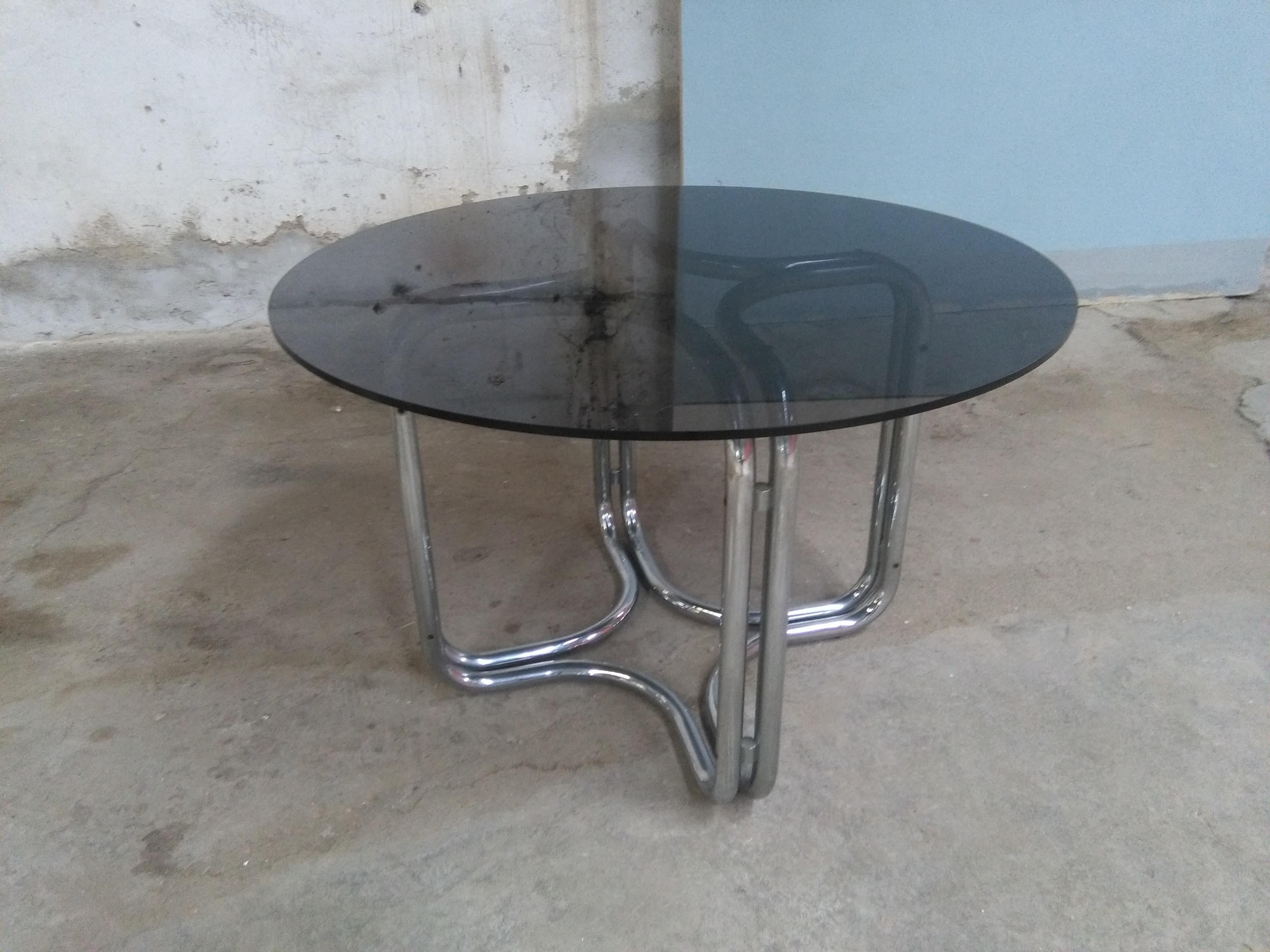 Mid-Century Modern Italian dining or centre table with smoked glass top and chrome base by Giotto Stoppino, 1970s
This table could be sold as a set with its four 