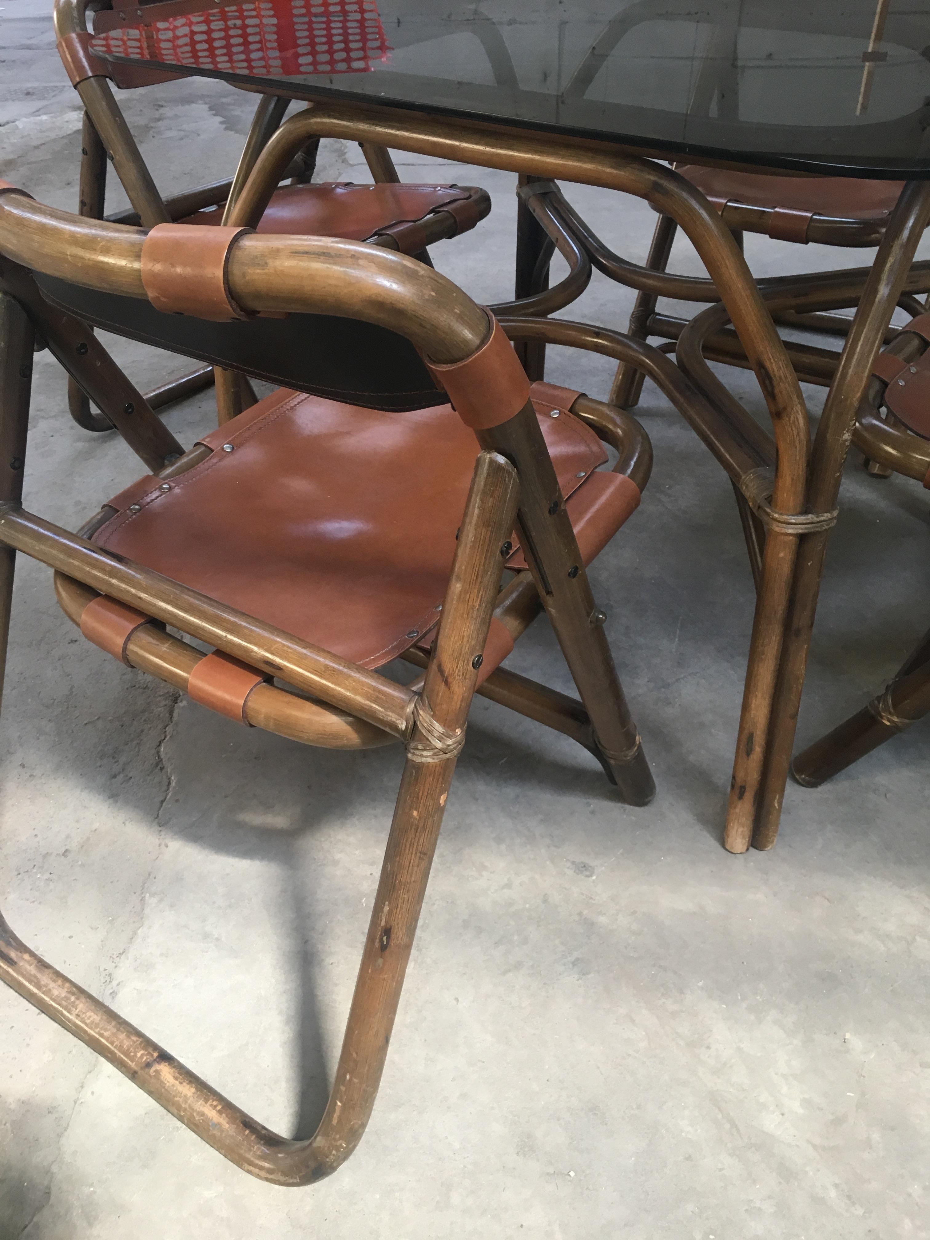 Mid-Century Modern Italian Dining Room Bamboo and Leather Set by Lyda Levi 1970s In Good Condition In Prato, IT