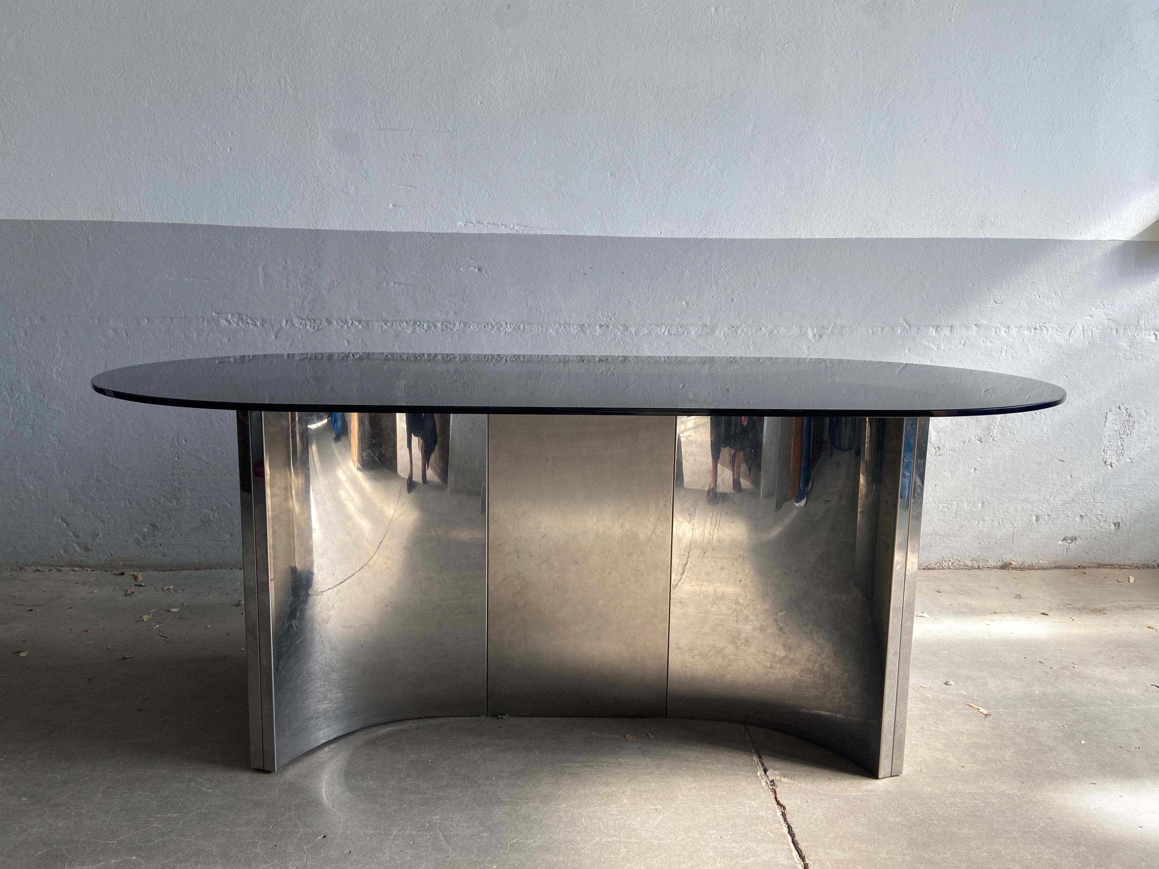 Mid-Century Modern Italian Dining Stainless Steel Table with Smoked Glass Top In Good Condition In Prato, IT