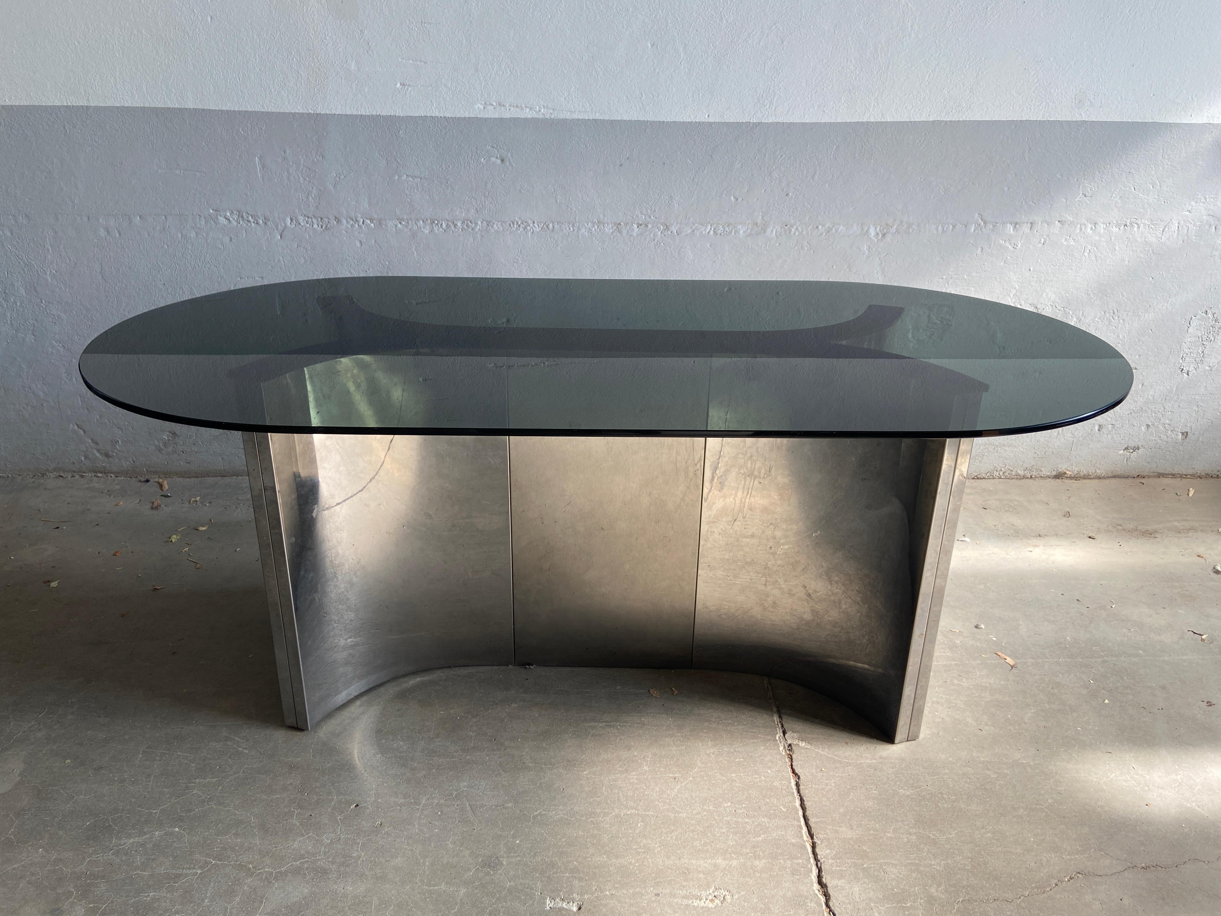Late 20th Century Mid-Century Modern Italian Dining Stainless Steel Table with Smoked Glass Top