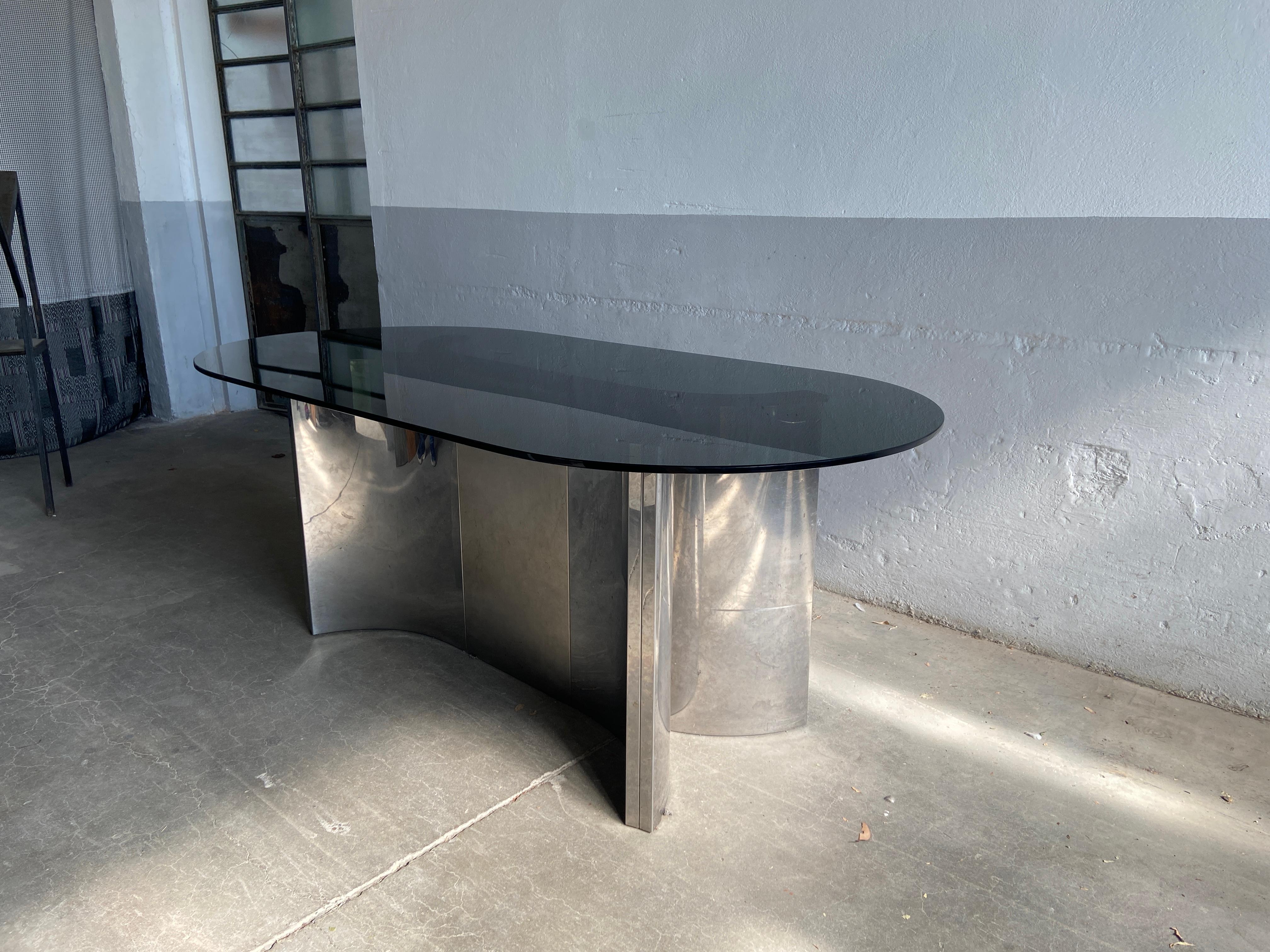 Leather Mid-Century Modern Italian Dining Stainless Steel Table with Smoked Glass Top