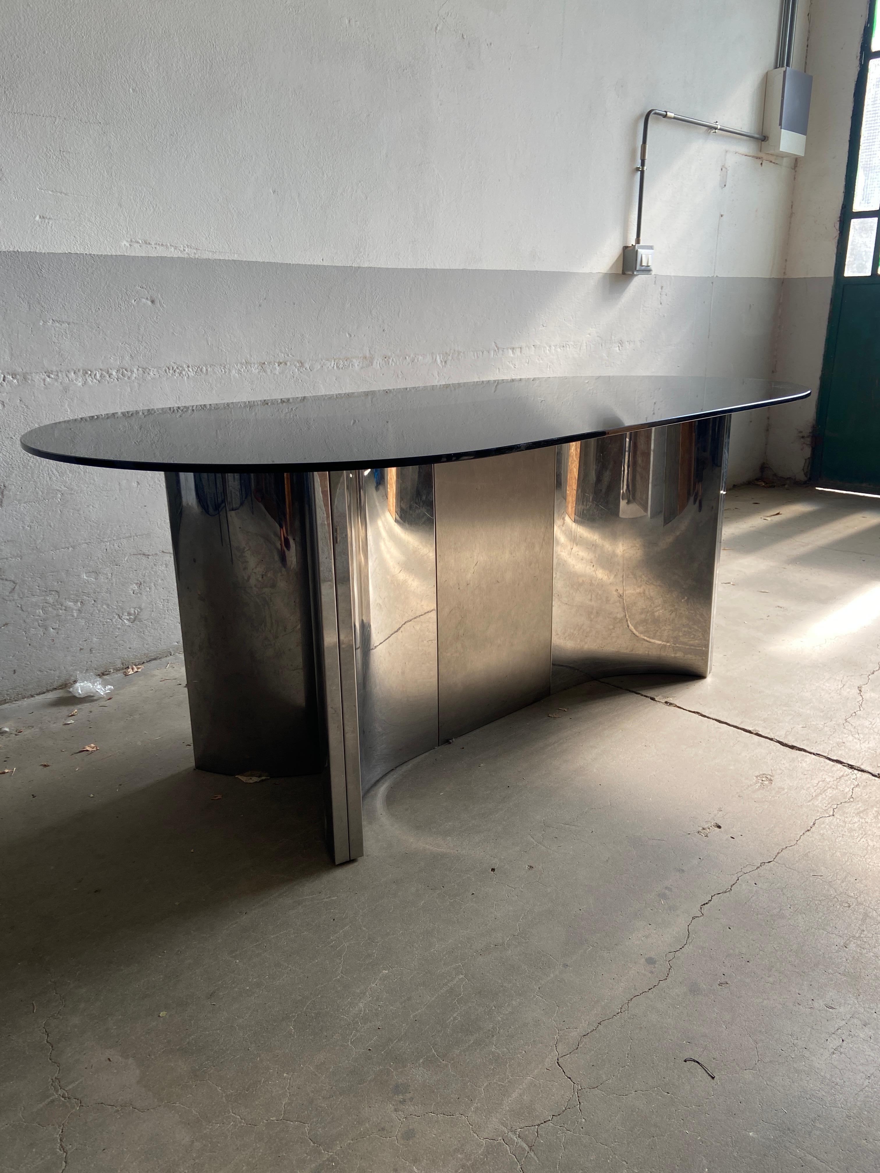 Mid-Century Modern Italian Dining Stainless Steel Table with Smoked Glass Top 1