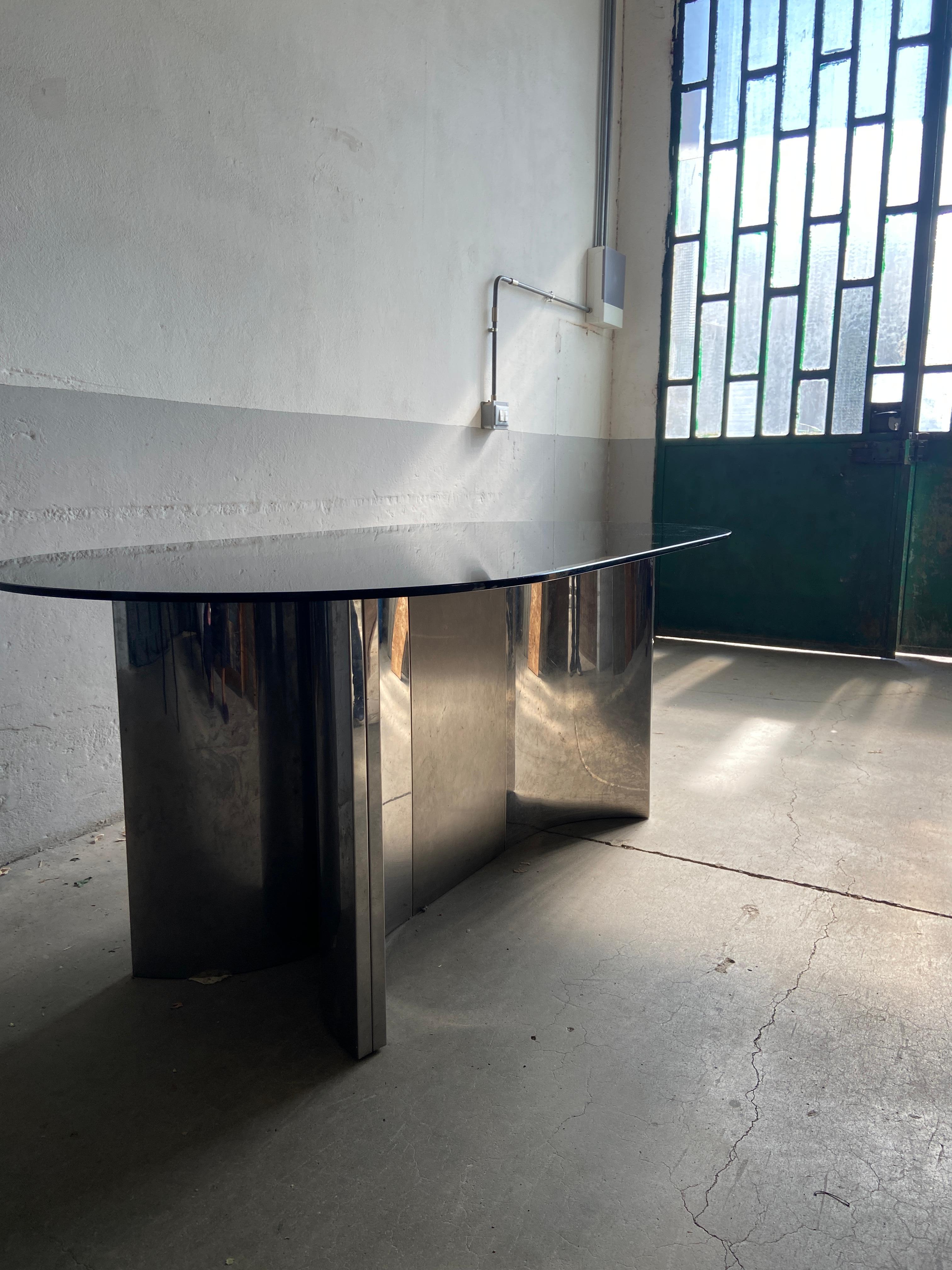 Mid-Century Modern Italian Dining Stainless Steel Table with Smoked Glass Top 2