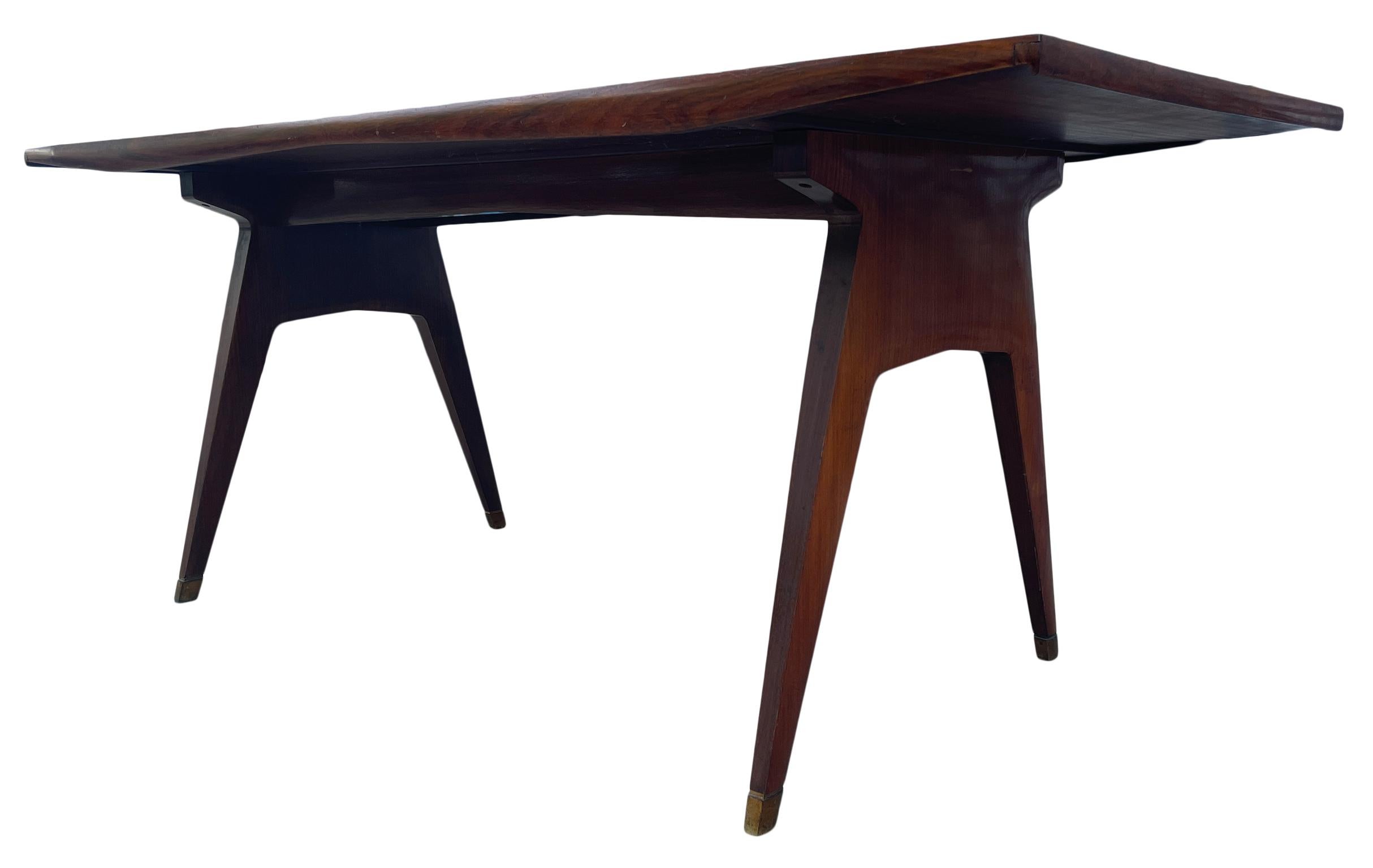 Mid-Century Modern Italian Dining Table rosewood with Glass Top Brass Feet In Good Condition In BROOKLYN, NY
