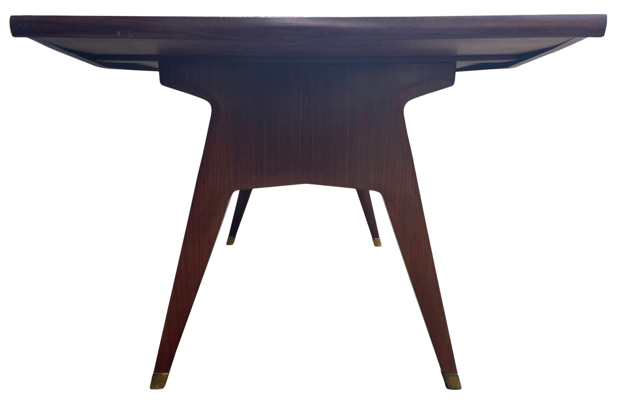 Rosewood Mid-Century Modern Italian Dining Table rosewood with Glass Top Brass Feet