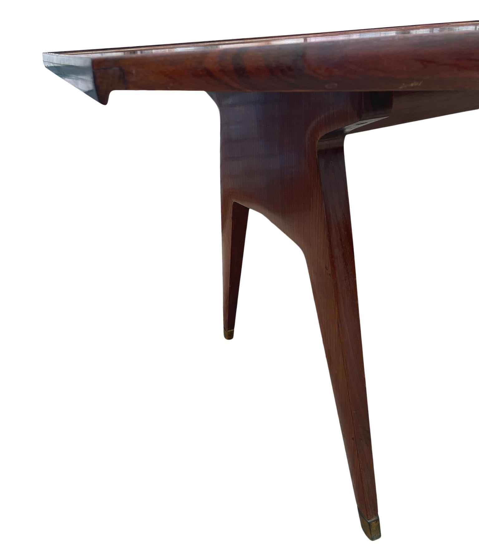 Mid-Century Modern Italian Dining Table rosewood with Glass Top Brass Feet 1