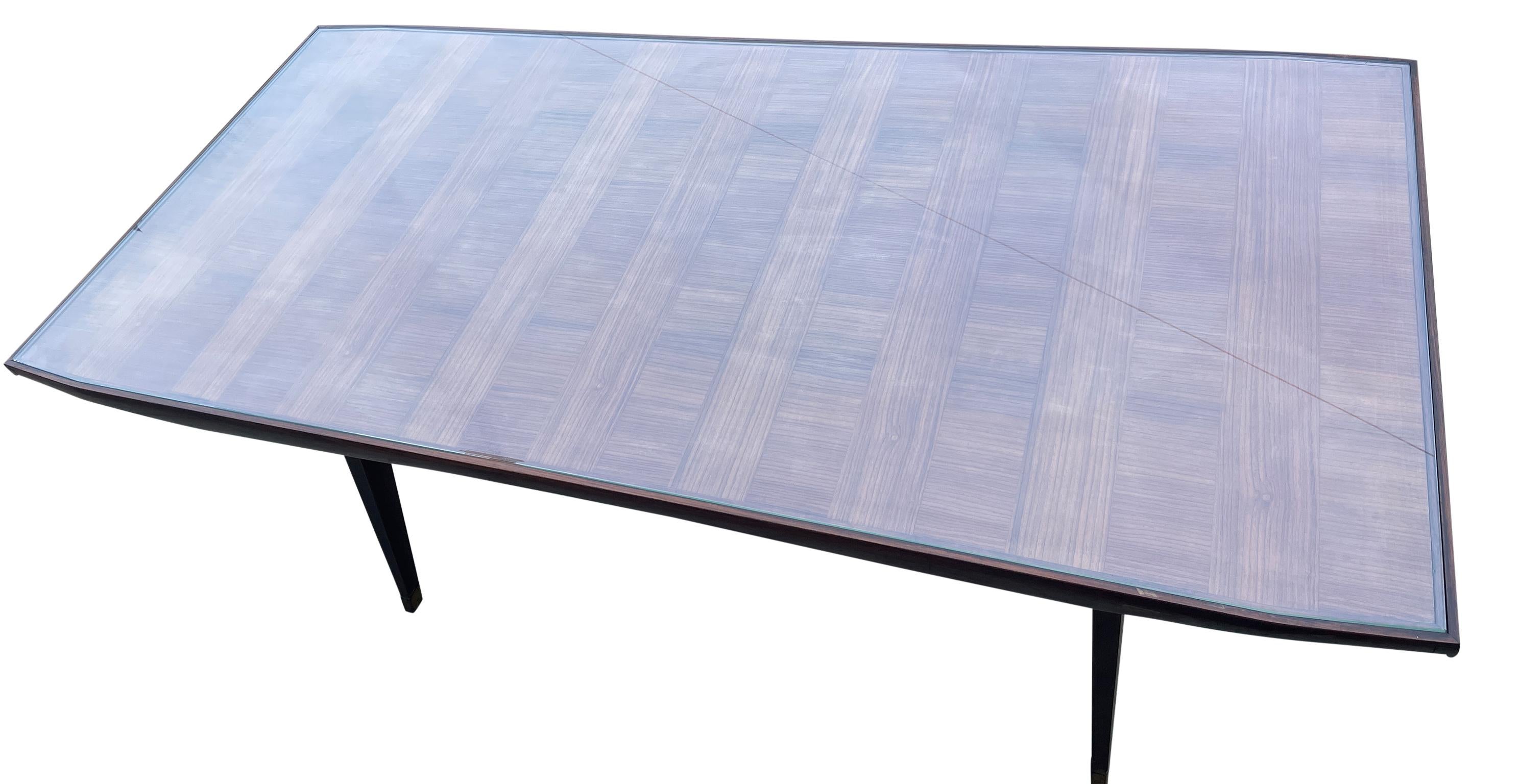 Mid-Century Modern Italian Dining Table rosewood with Glass Top Brass Feet 3