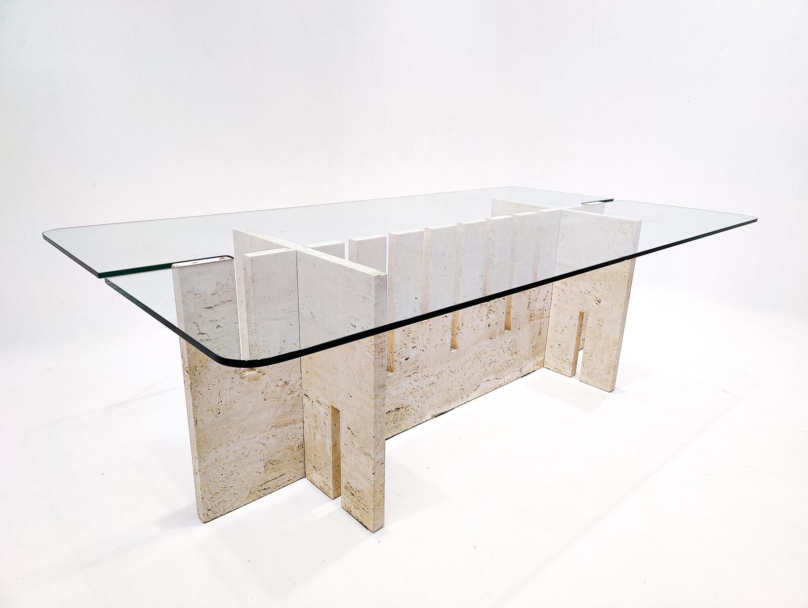 Mid-Century Modern Italian Dining Table, Travertine and Glass, 1970s For Sale 8