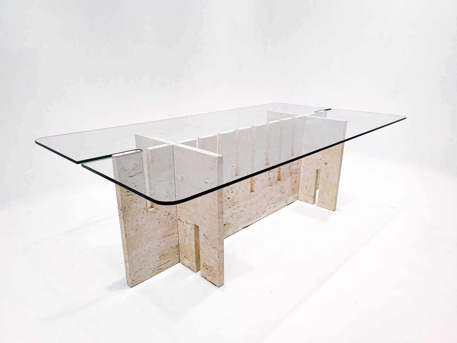 Mid-Century Modern Italian dining table, travertine and glass, 1970s