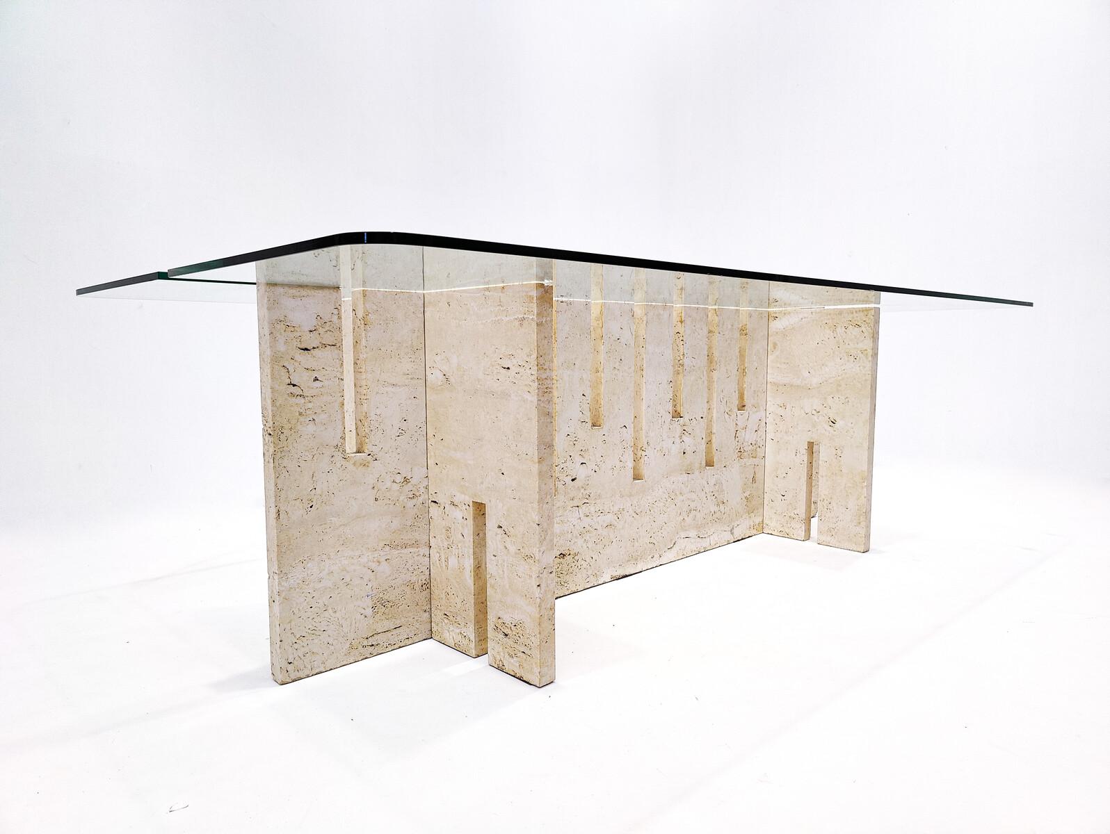 Mid-Century Modern Italian Dining Table, Travertine and Glass, 1970s In Good Condition For Sale In Brussels, BE