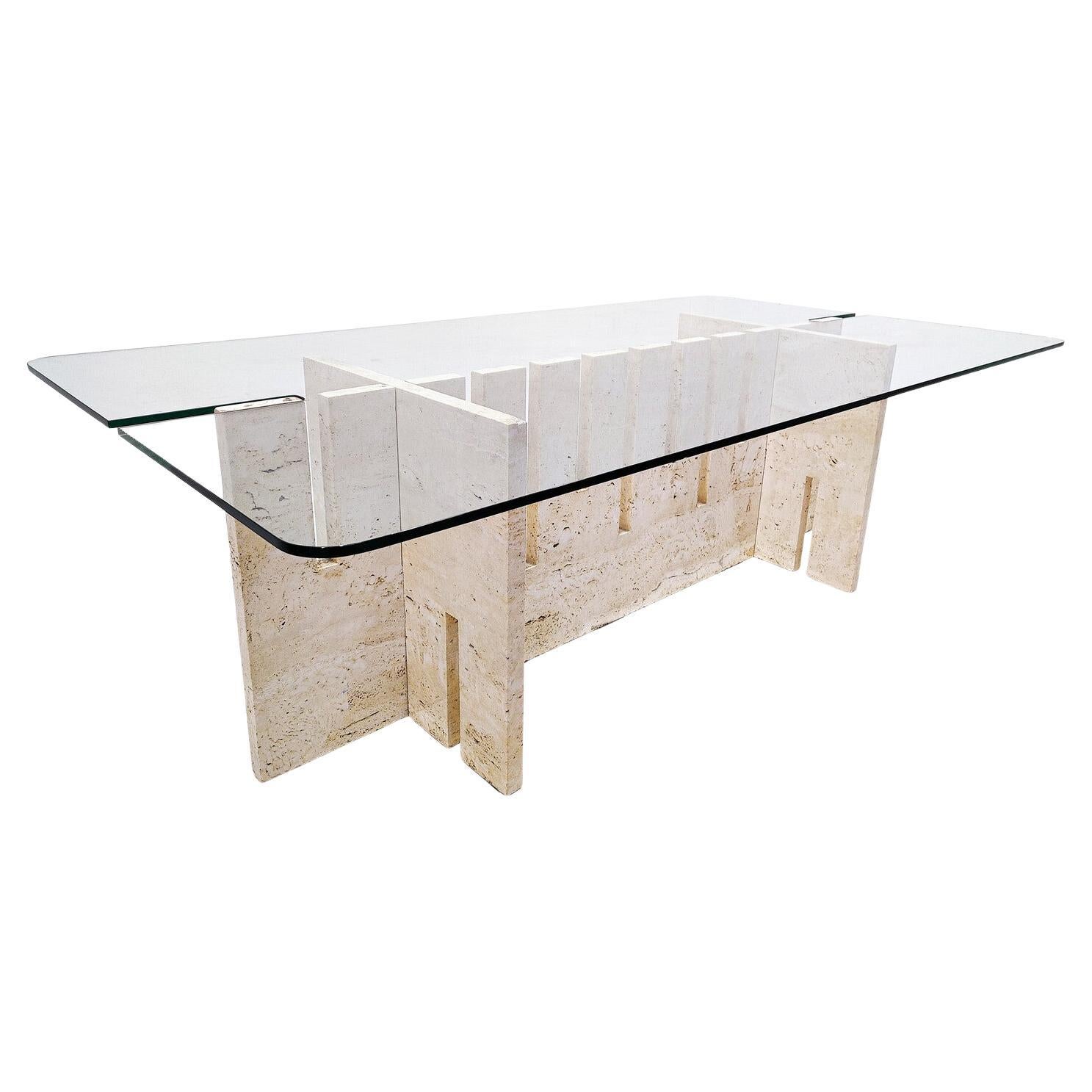 Mesa de comedor italiana moderna de mediados de siglo, travertino y cristal, años 70