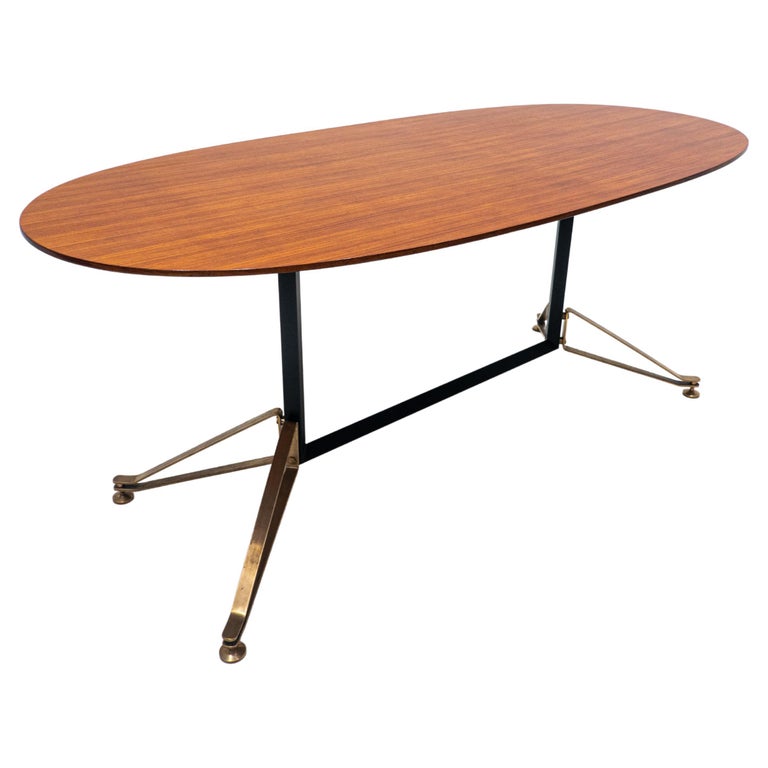 MidCentury Modern Italian Dining Table, Wood and Brass, 1960s For Sale