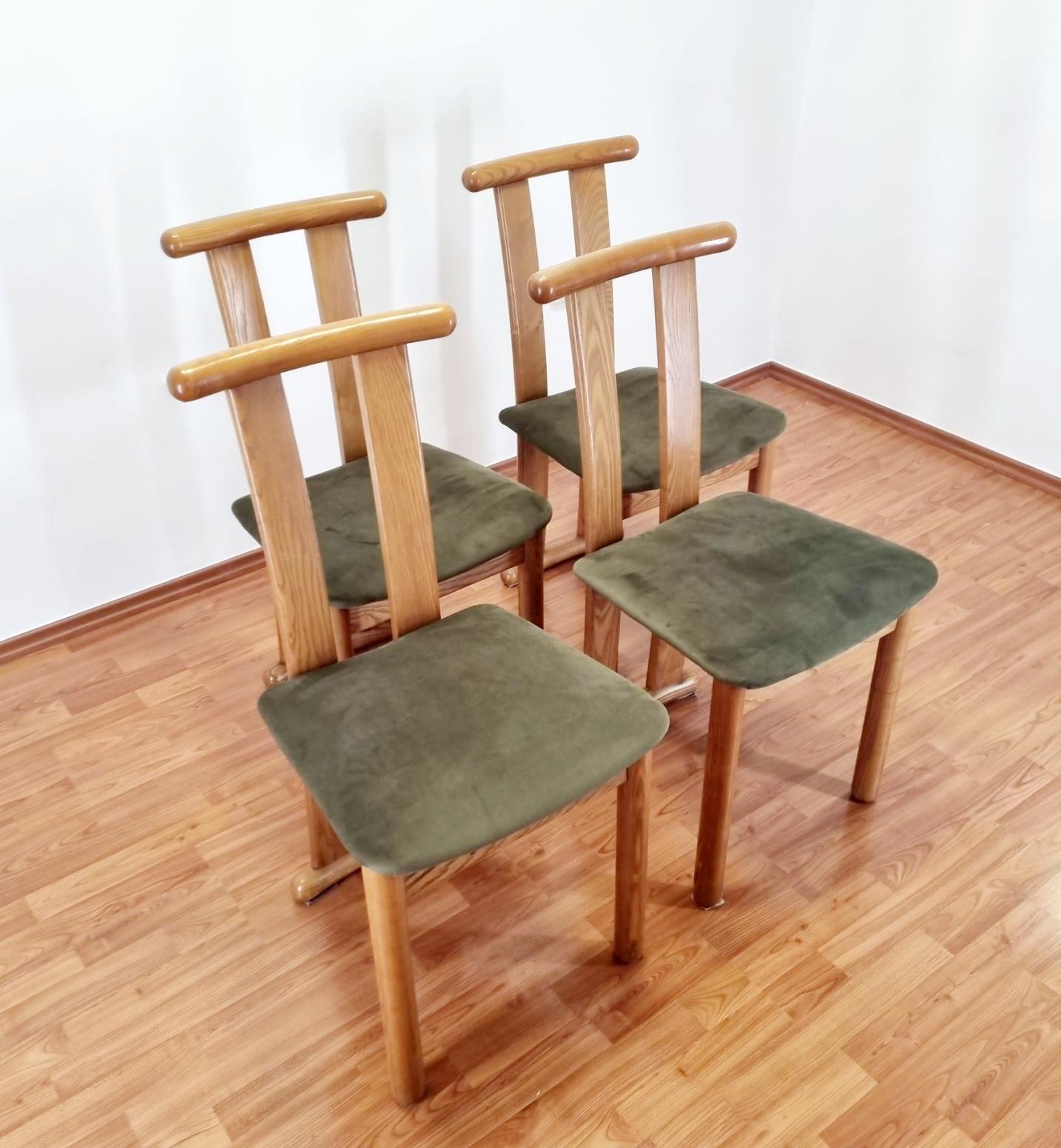 Mid-Century Modern Italian Dinning Chairs, Wood and Vervet Chairs, Italy 80s 5