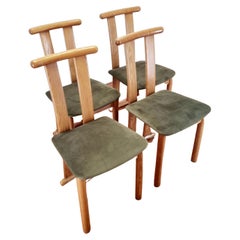 Mid-Century Modern Italian Dinning Chairs, Wood and Vervet Chairs, Italy 80s