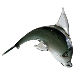 Mid-Century Modern Italian Dolphin Sculpture in Green Black Murano Glass, 1960s