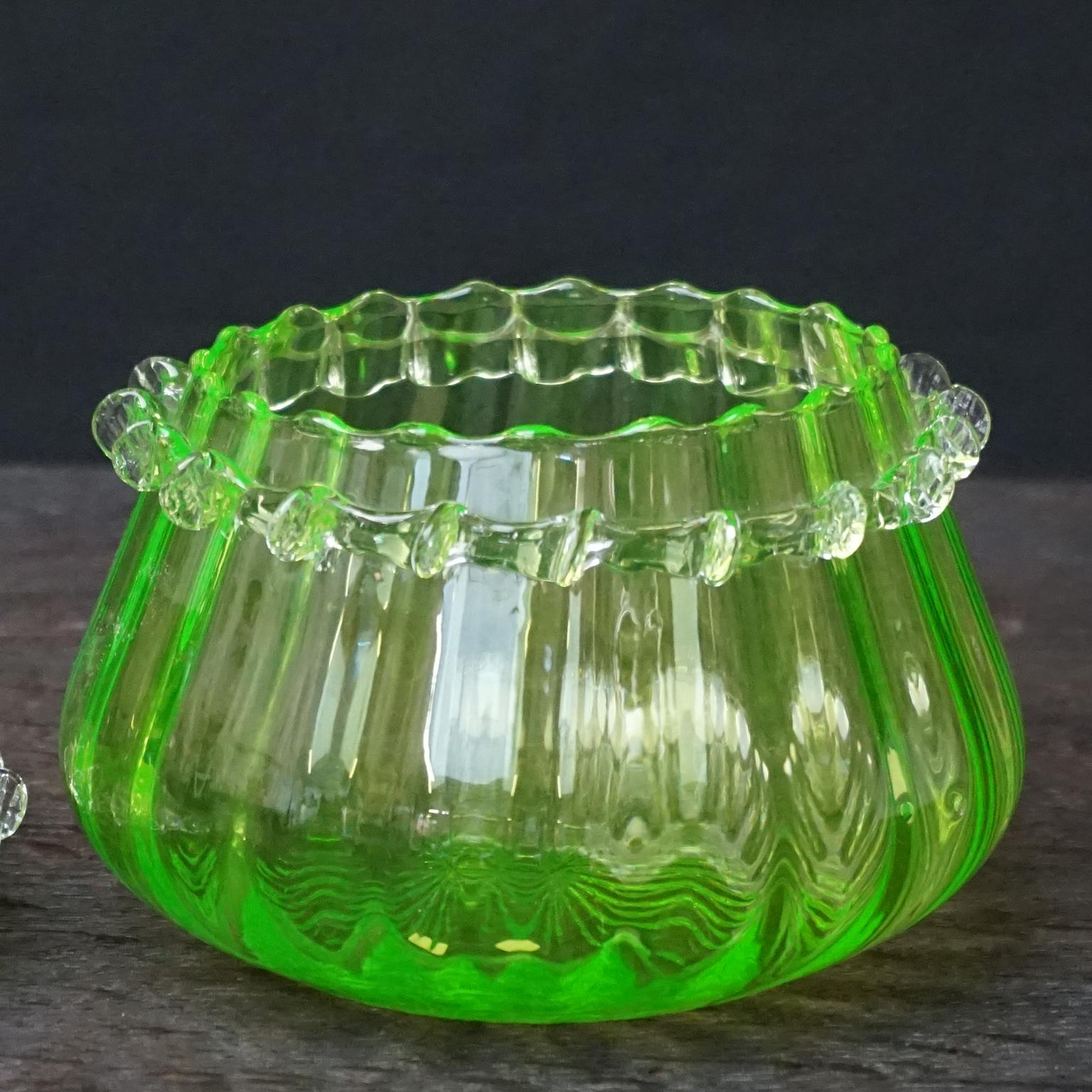 Pressed Mid-Century Modern Italian Empoli Candy Jar Vaseline Uranium Glass Yellow Green
