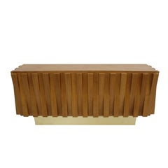 Brutalist Style Cabinet, Italian Faceted Oakwood and Brass Sideboard
