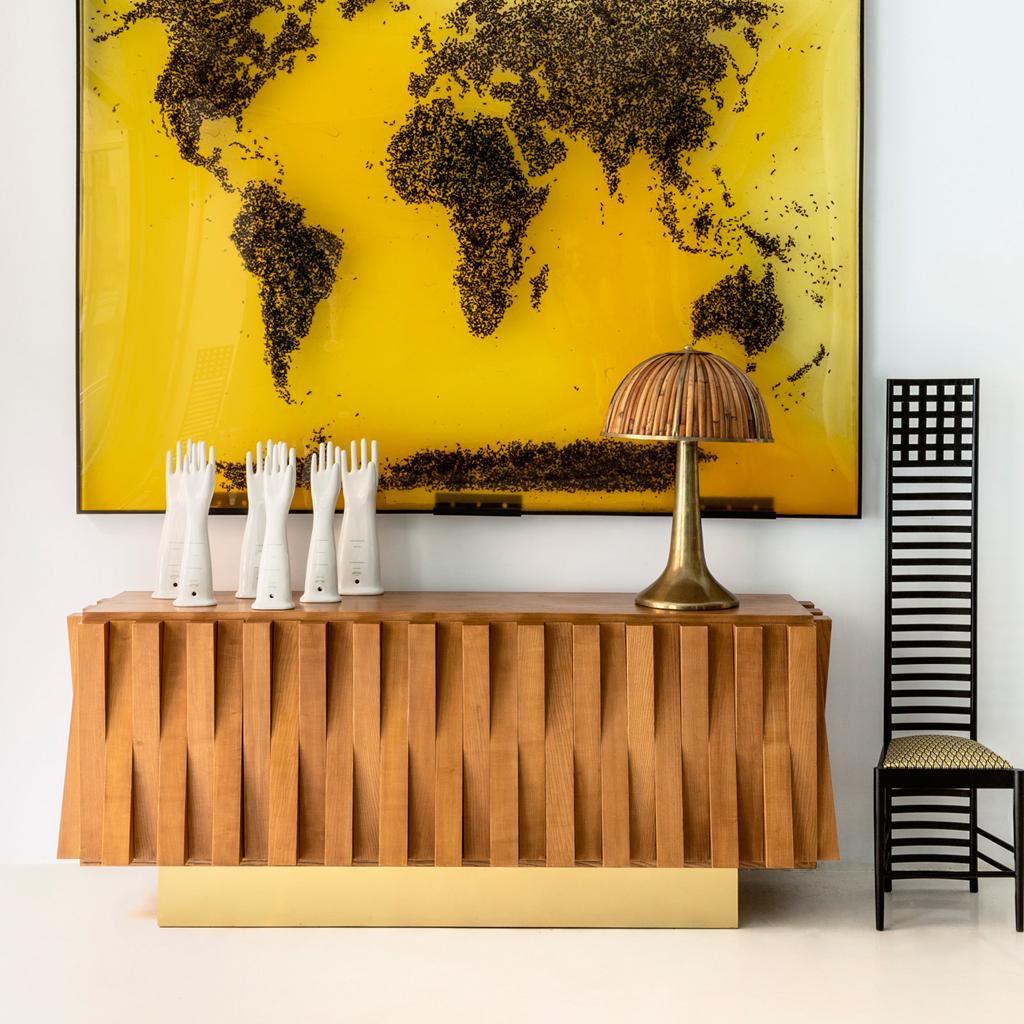 Mid-Century Modern Italian Faceted Oakwood and Brass Sideboard by L.A. Studio 3