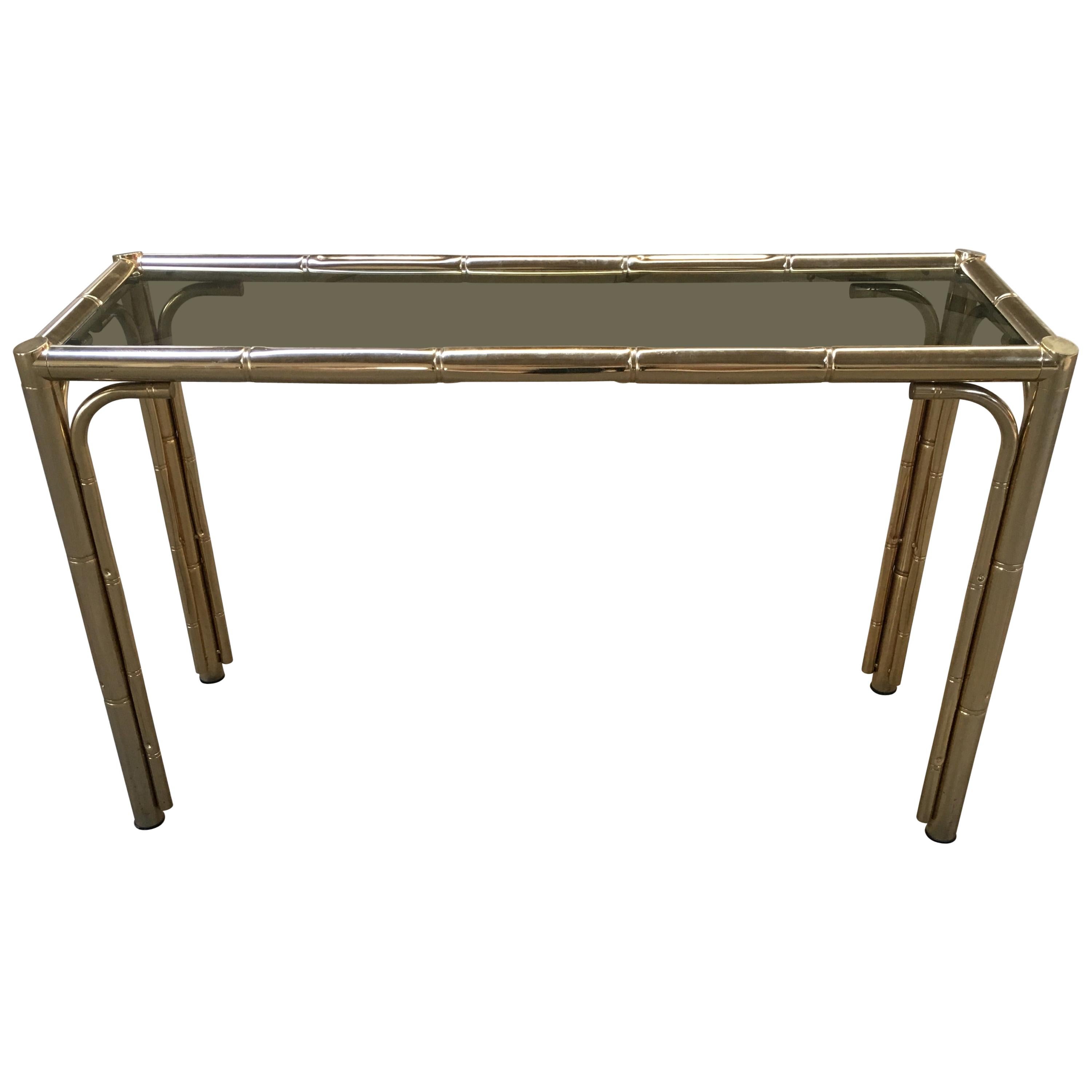 Mid-Century Modern Italian Faux Bamboo Brass Console with Smocked Glass Top