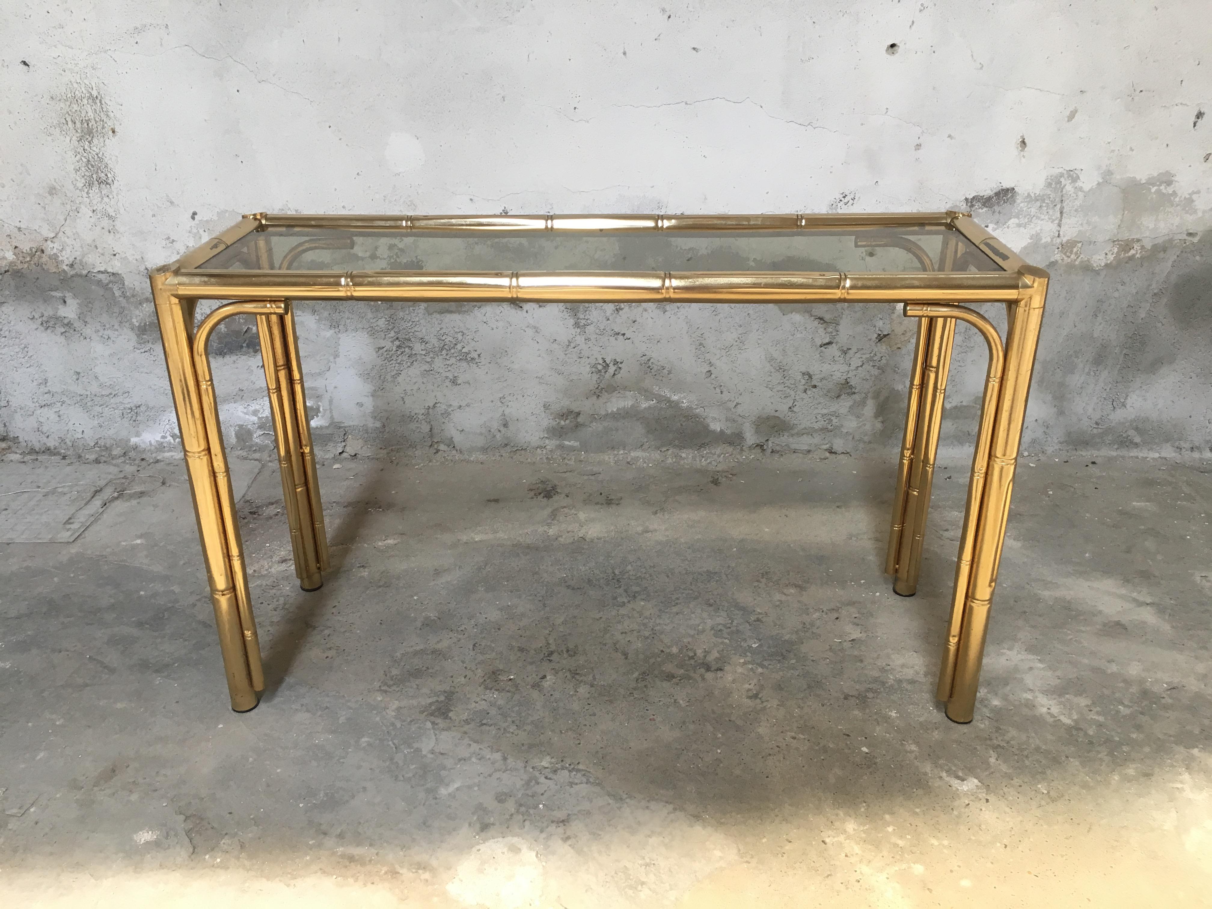 Gilt Mid-Century Modern Italian Faux Bamboo Brass Finished Console with Smocked Glass