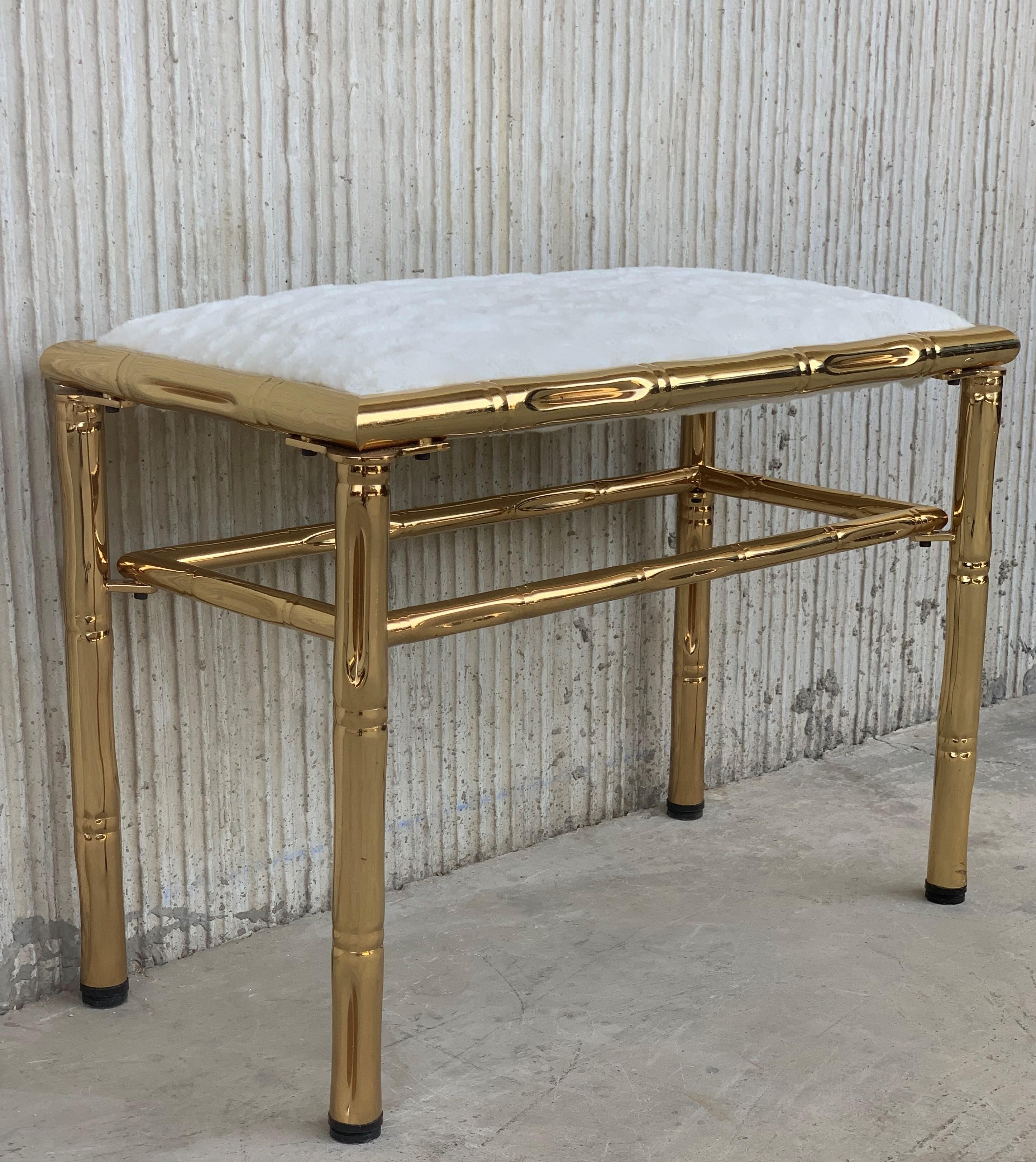 Fabric Mid-Century Modern Italian Faux Bamboo Gilt Metal Bench with White Velvet For Sale