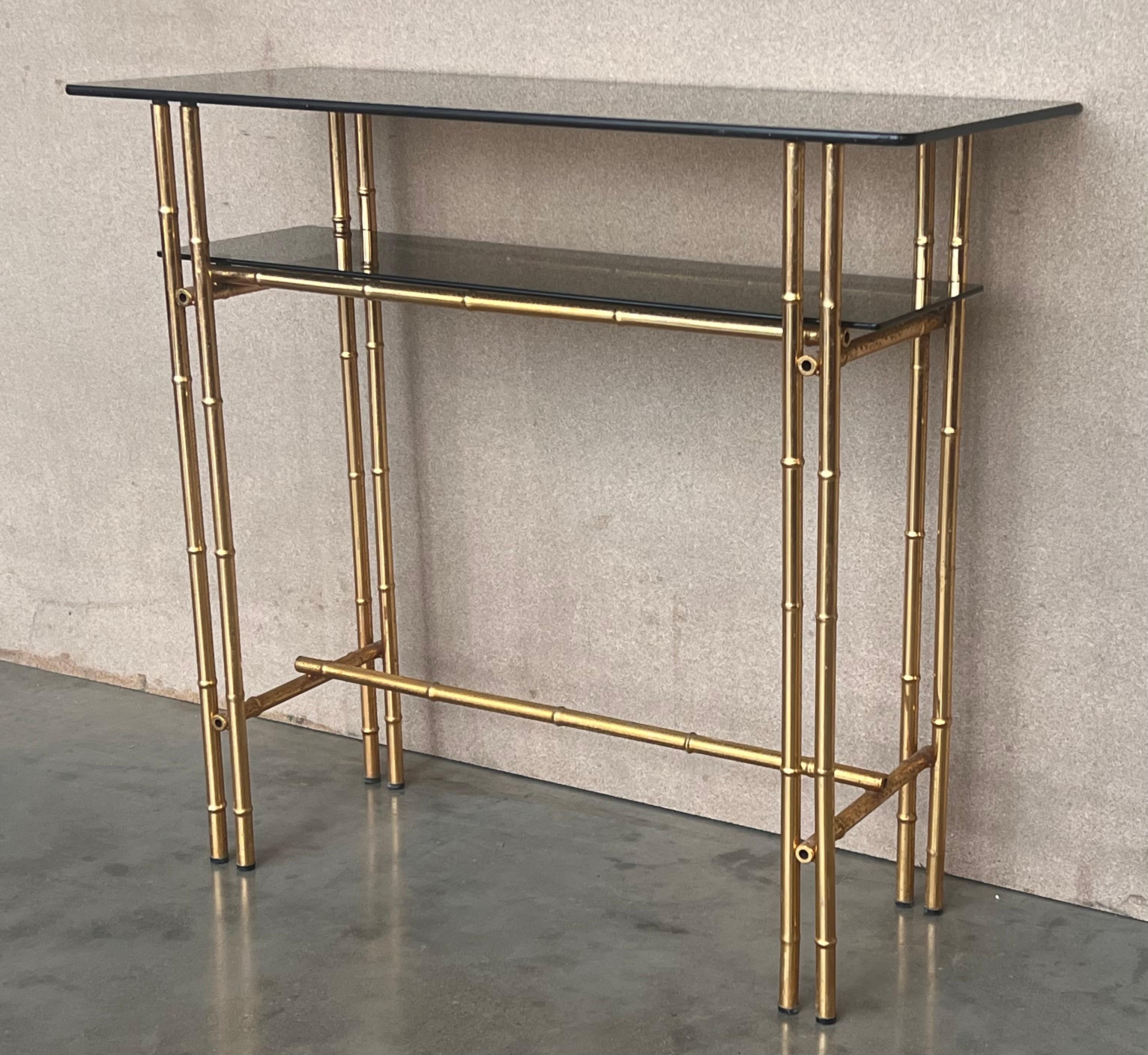 Mid-Century Modern Italian Faux Bamboo Gilt Metal Console with Smoked Glass For Sale 5