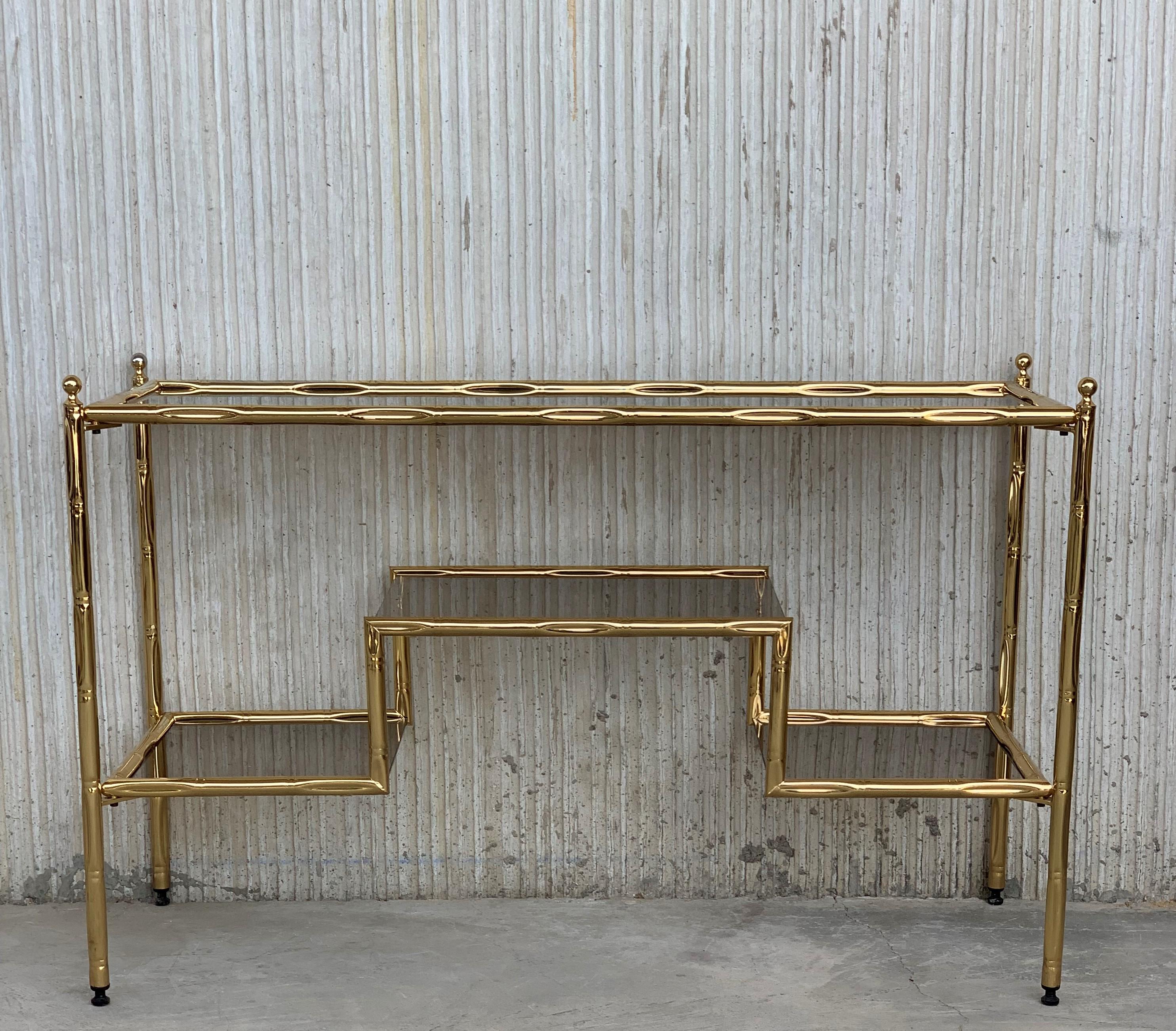 Mid-Century Modern Italian Faux Bamboo Gilt Metal Console with Smoked Glass In Good Condition For Sale In Miami, FL
