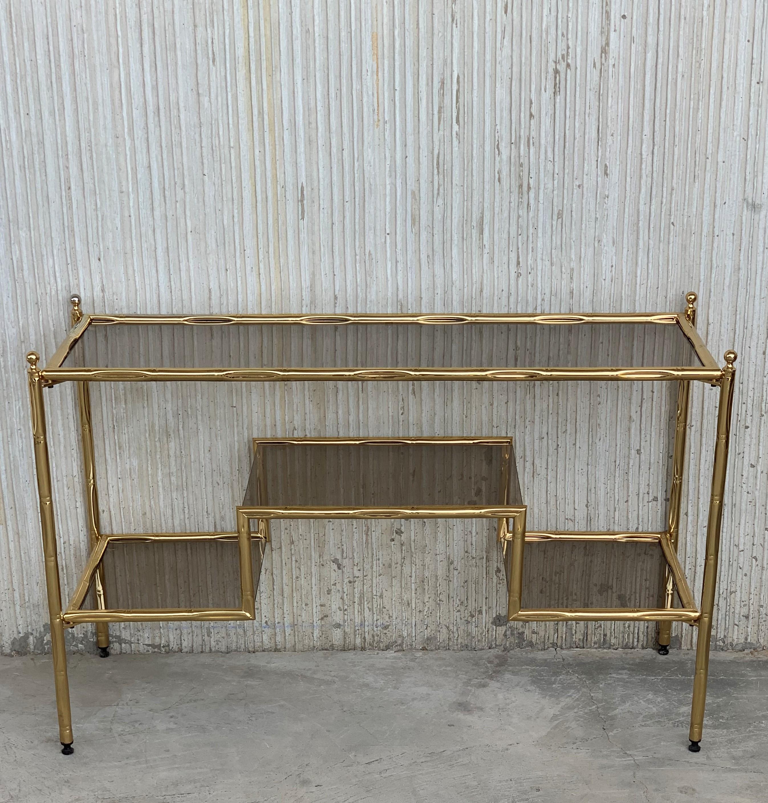 20th Century Mid-Century Modern Italian Faux Bamboo Gilt Metal Console with Smoked Glass For Sale