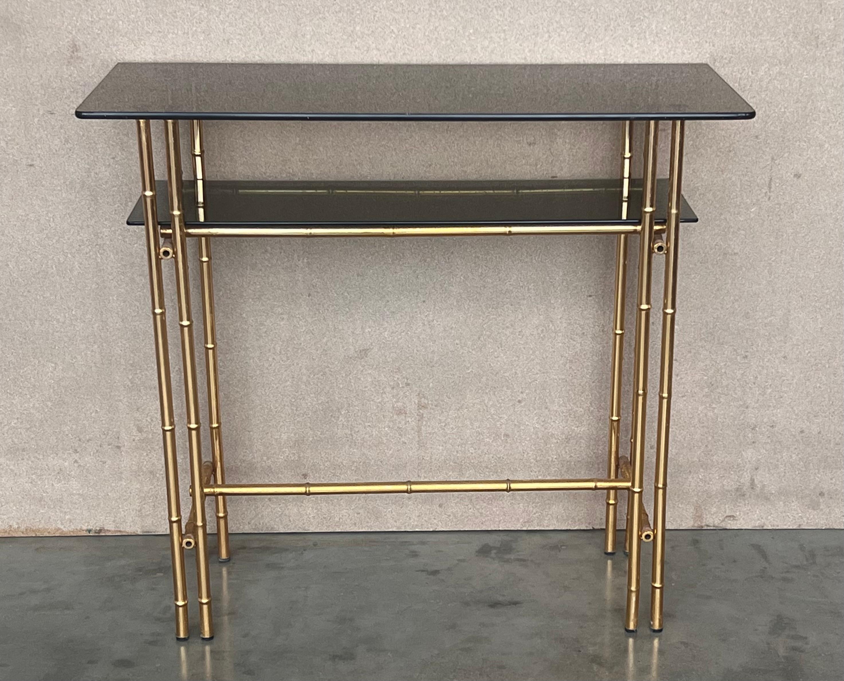 20th Century Mid-Century Modern Italian Faux Bamboo Gilt Metal Console with Smoked Glass For Sale