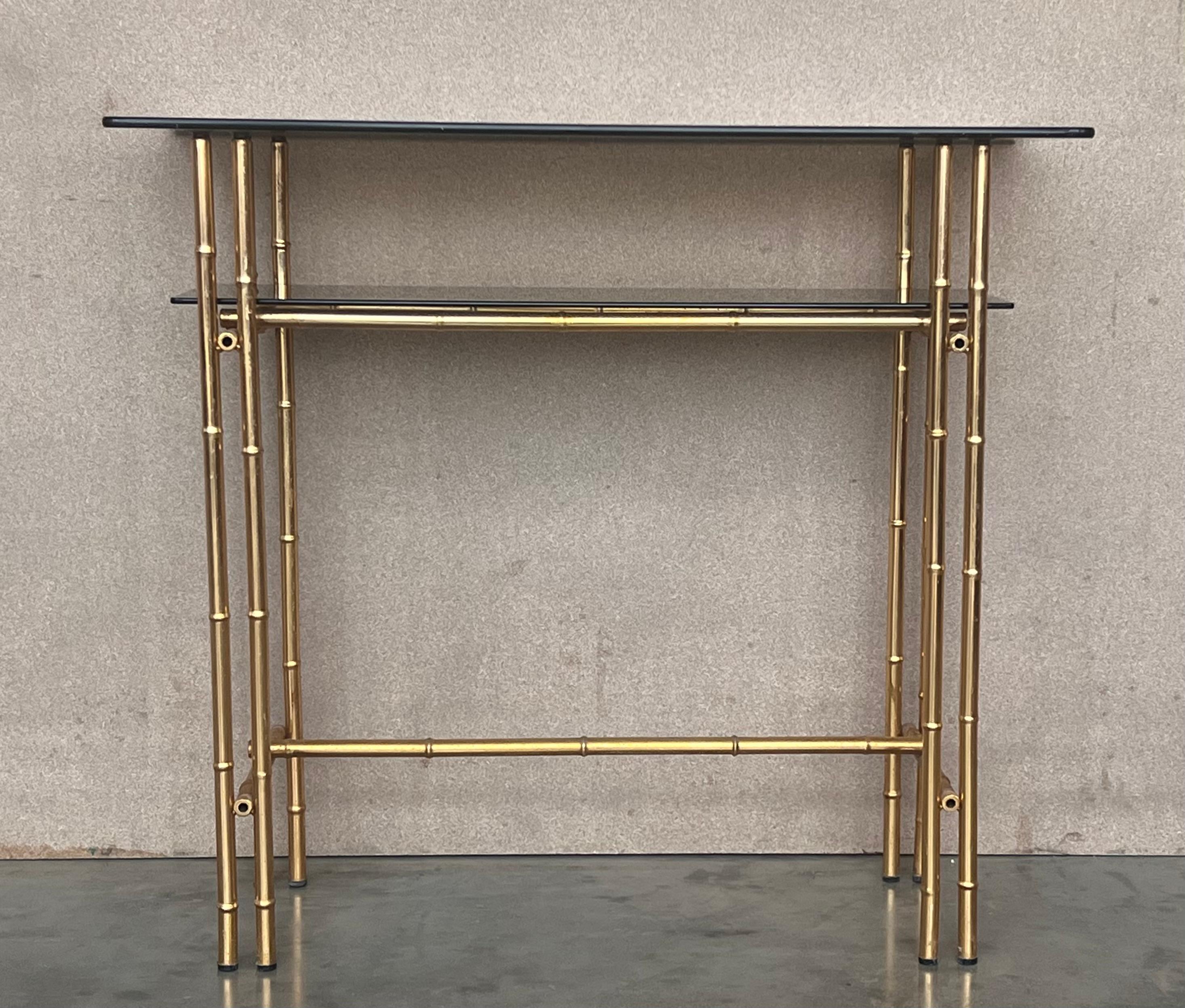Fabric Mid-Century Modern Italian Faux Bamboo Gilt Metal Console with Smoked Glass For Sale