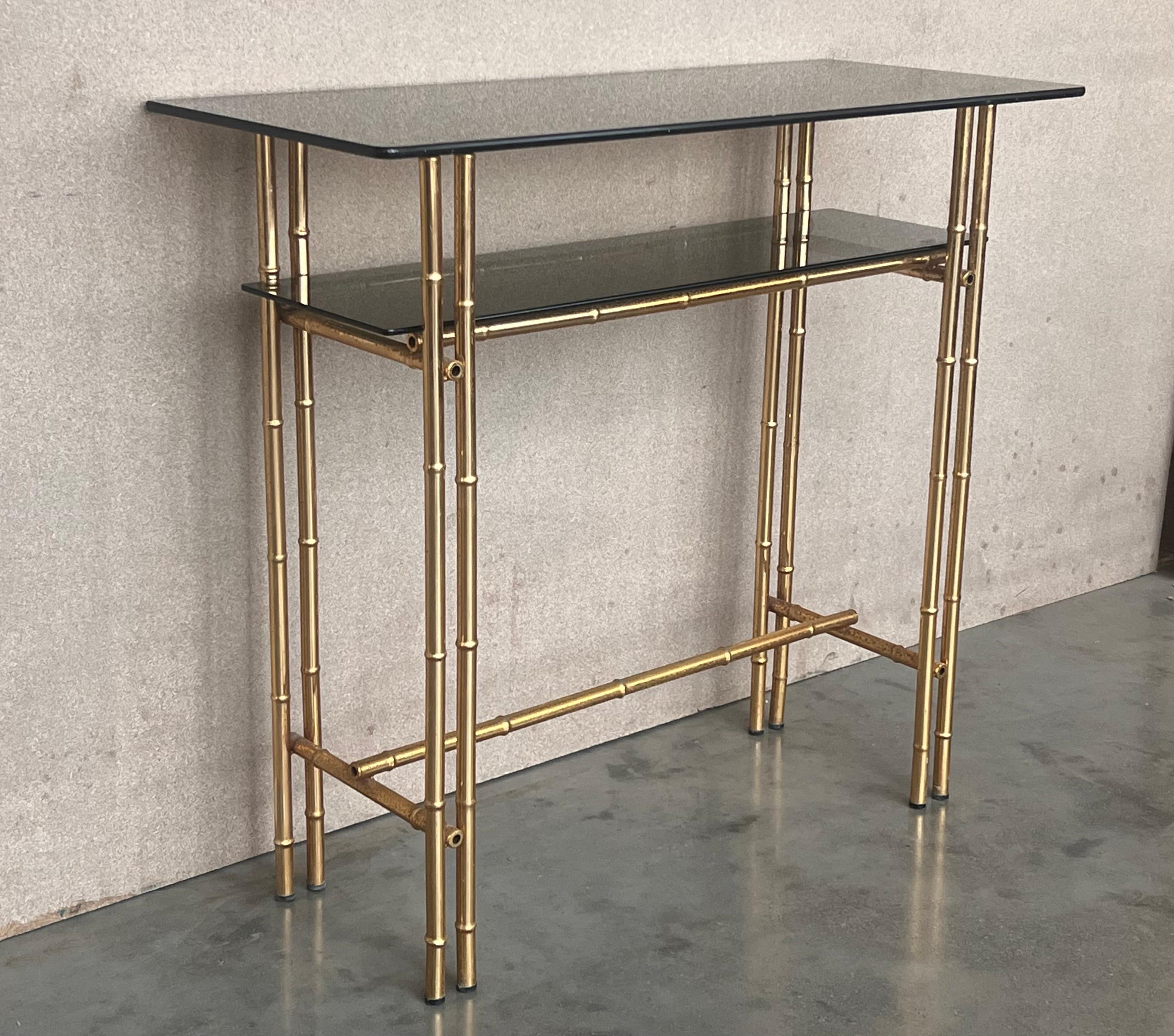 Mid-Century Modern Italian Faux Bamboo Gilt Metal Console with Smoked Glass For Sale 1
