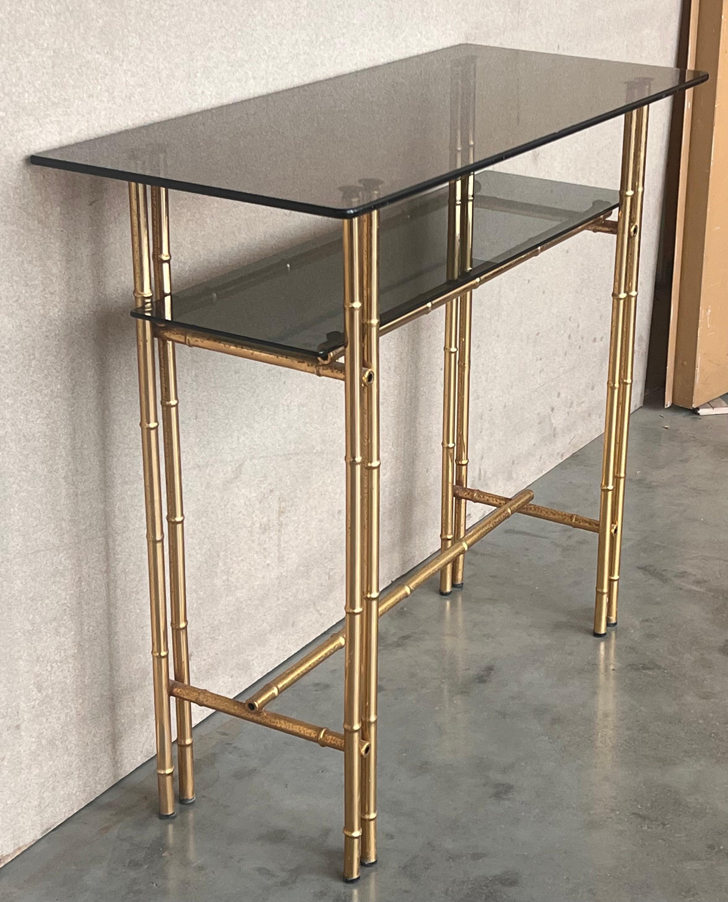 Mid-Century Modern Italian Faux Bamboo Gilt Metal Console with Smoked Glass For Sale 2