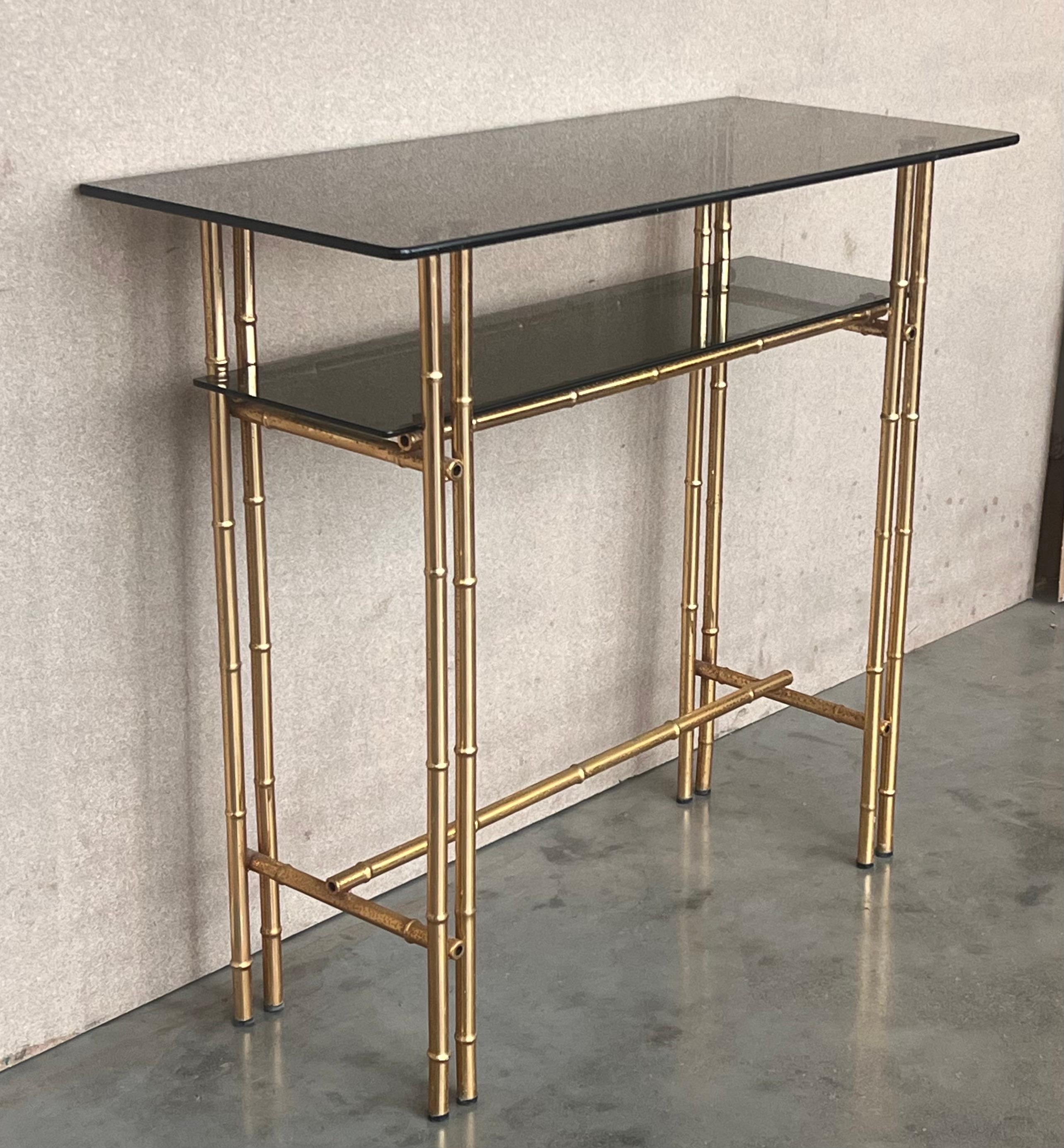 Mid-Century Modern Italian Faux Bamboo Gilt Metal Console with Smoked Glass For Sale 3